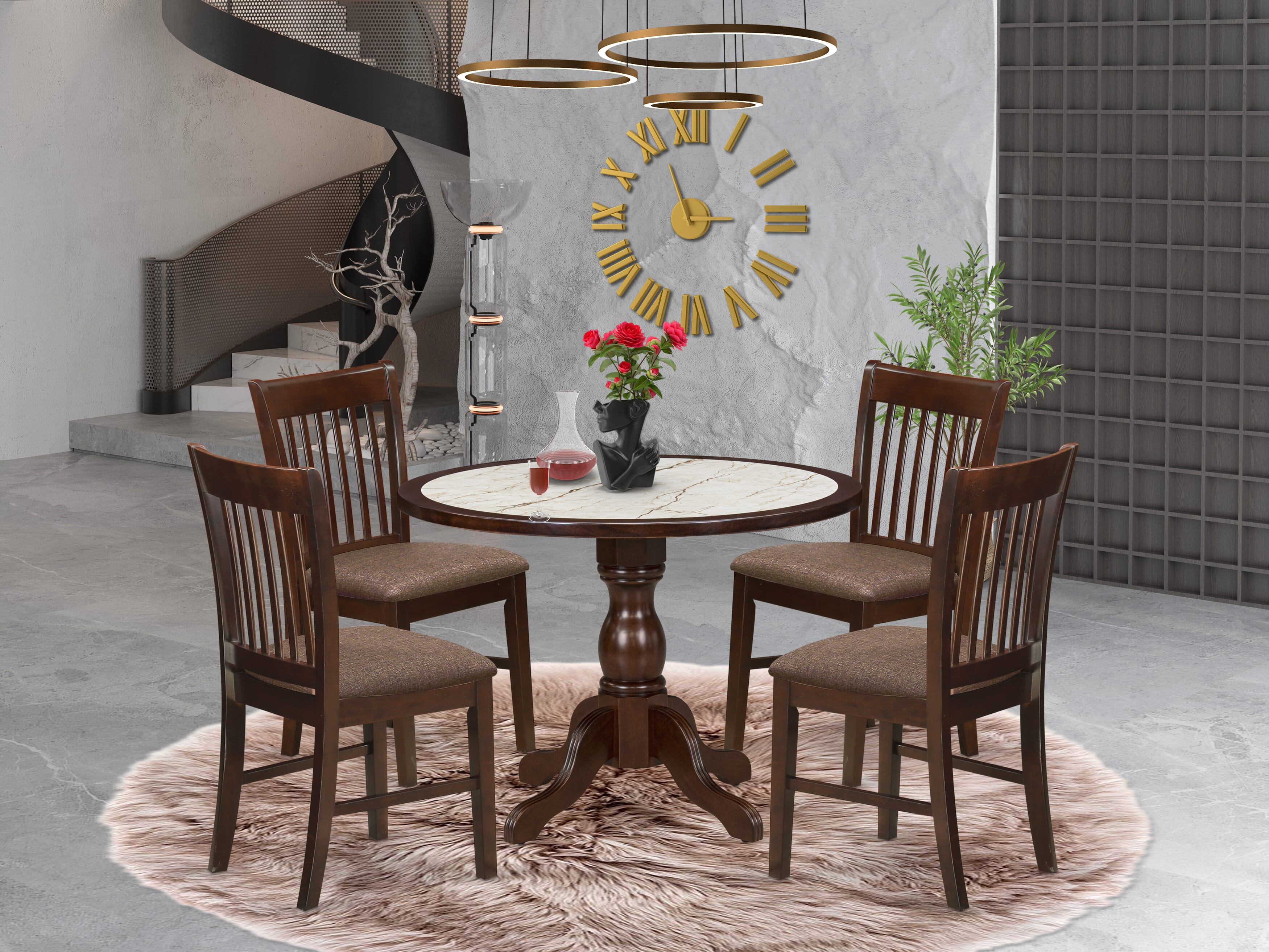 Luxe by East West Furniture 42NF5-307-C 5-piece dinner table set includes a pedestal dinner table and 4 Slatted Back Parsons chairs, Mahogany finish.
