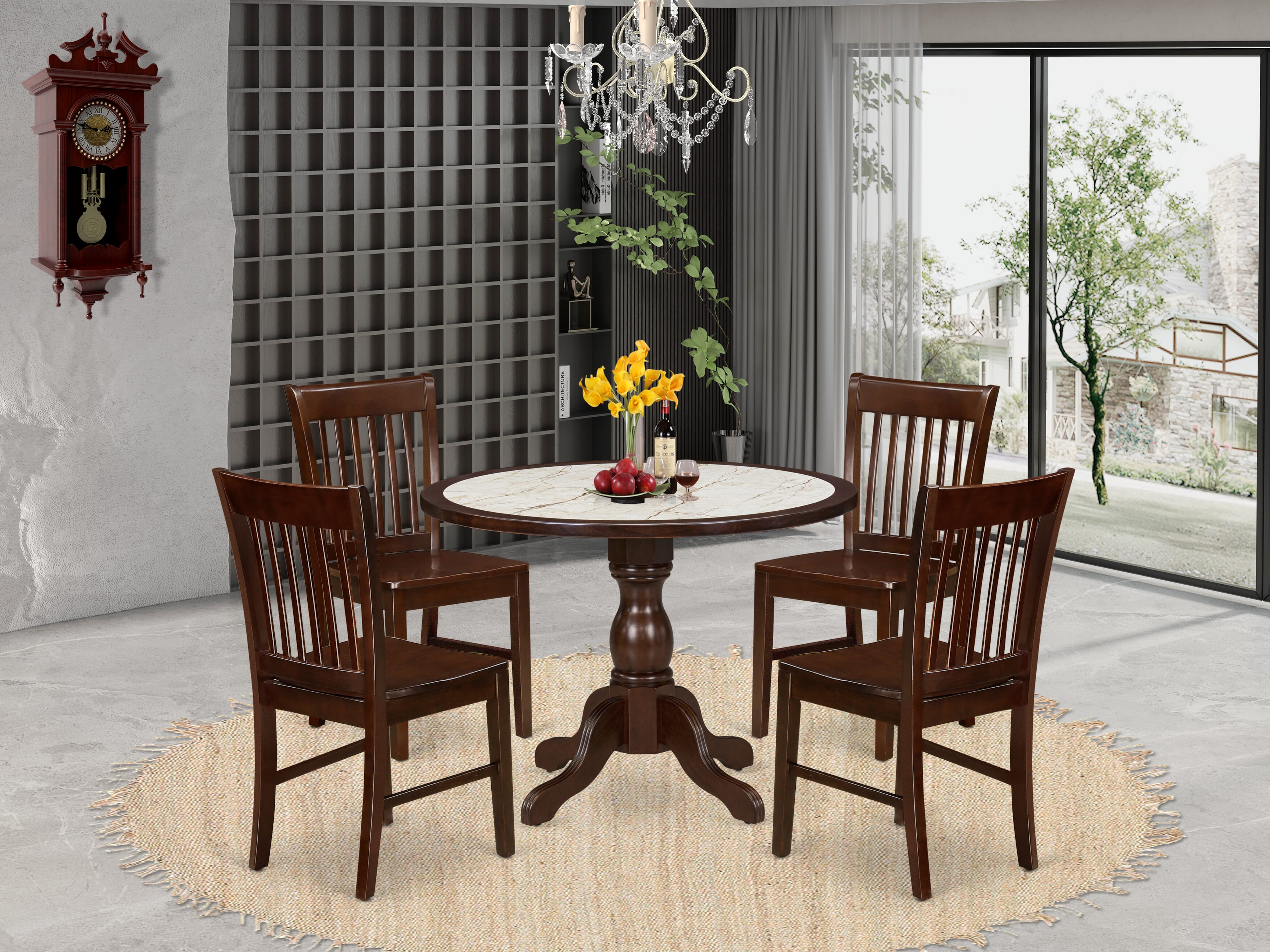 Luxe by East West Furniture 42NF5-307-W 5-Piece Dining Set includes a pedestal kitchen table and 4 Slatted Back modern chairs, Mahogany finish.