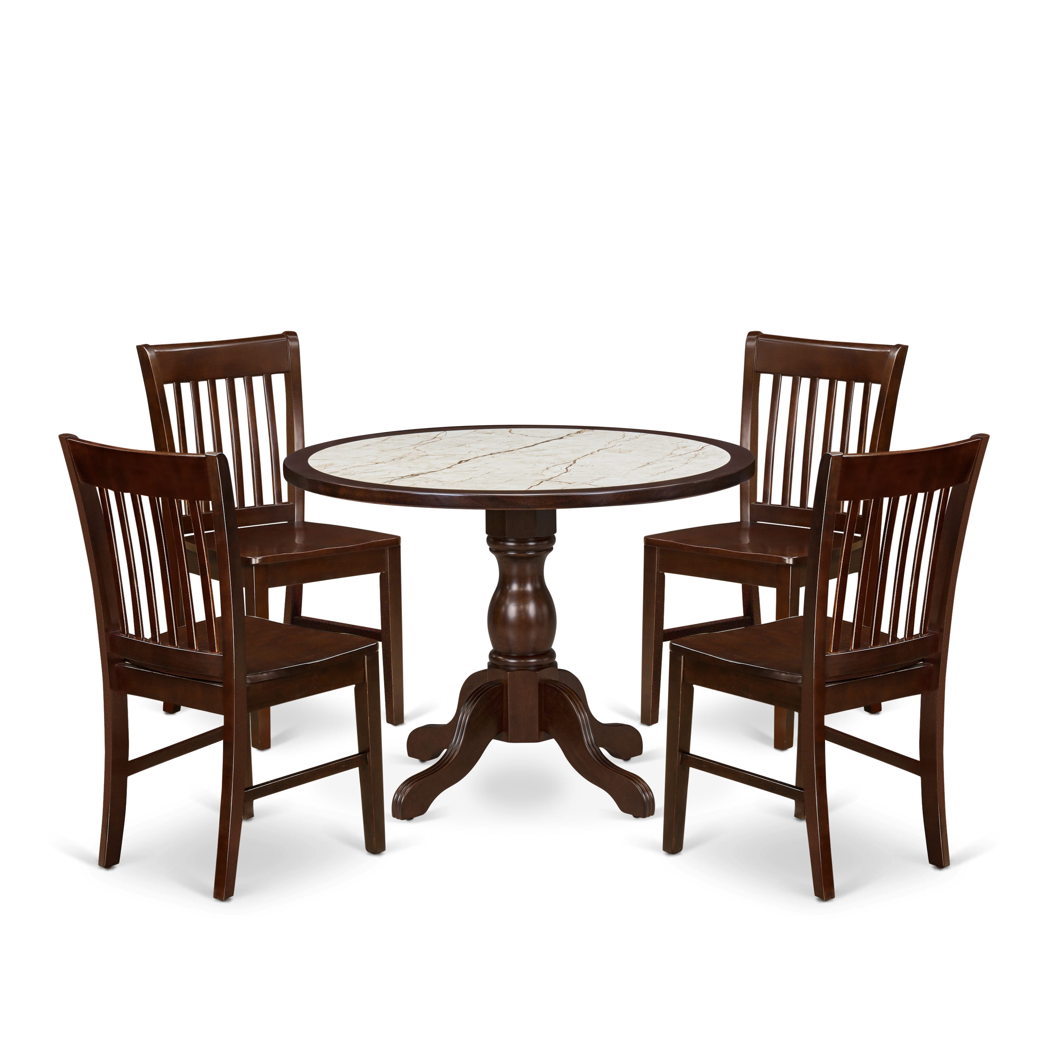 Luxe by East West Furniture 42NF5-307-W 5-Piece Dining Set includes a pedestal kitchen table and 4 Slatted Back modern chairs, Mahogany finish.