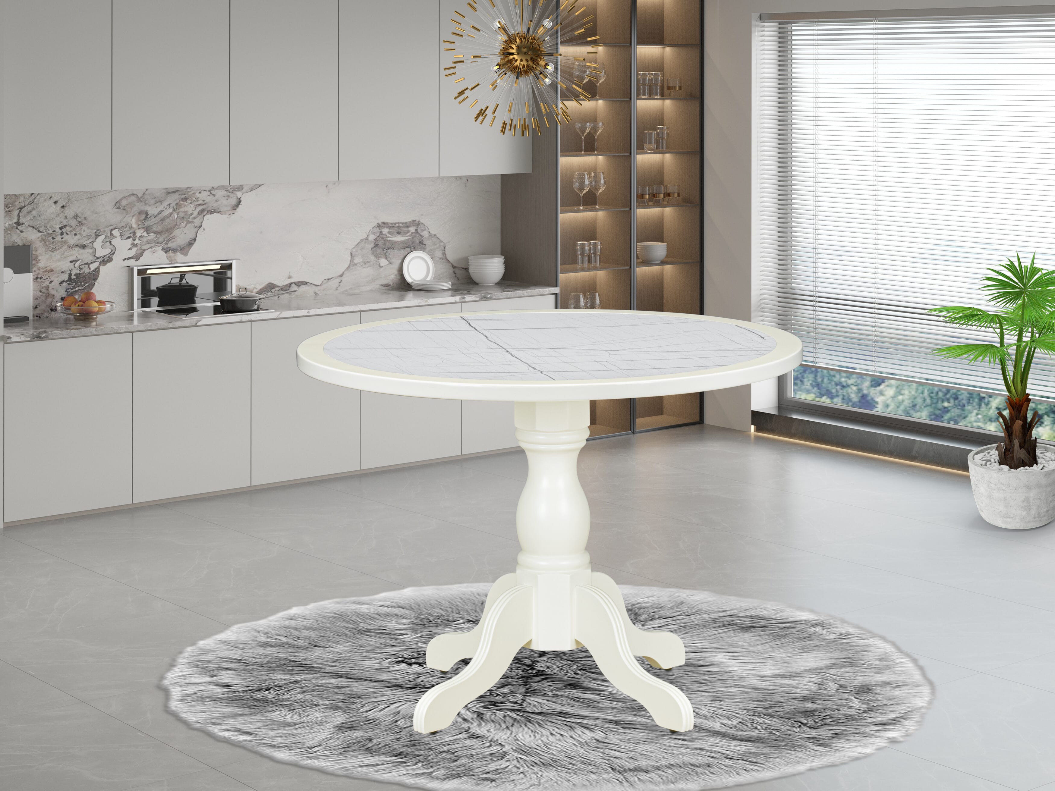 Luxe by East West Furniture - 42T-208-TP - A Round Modern Kitchen Table with Lattice Marble Pattern tabletop, 42x42 inch, Linen White Finish