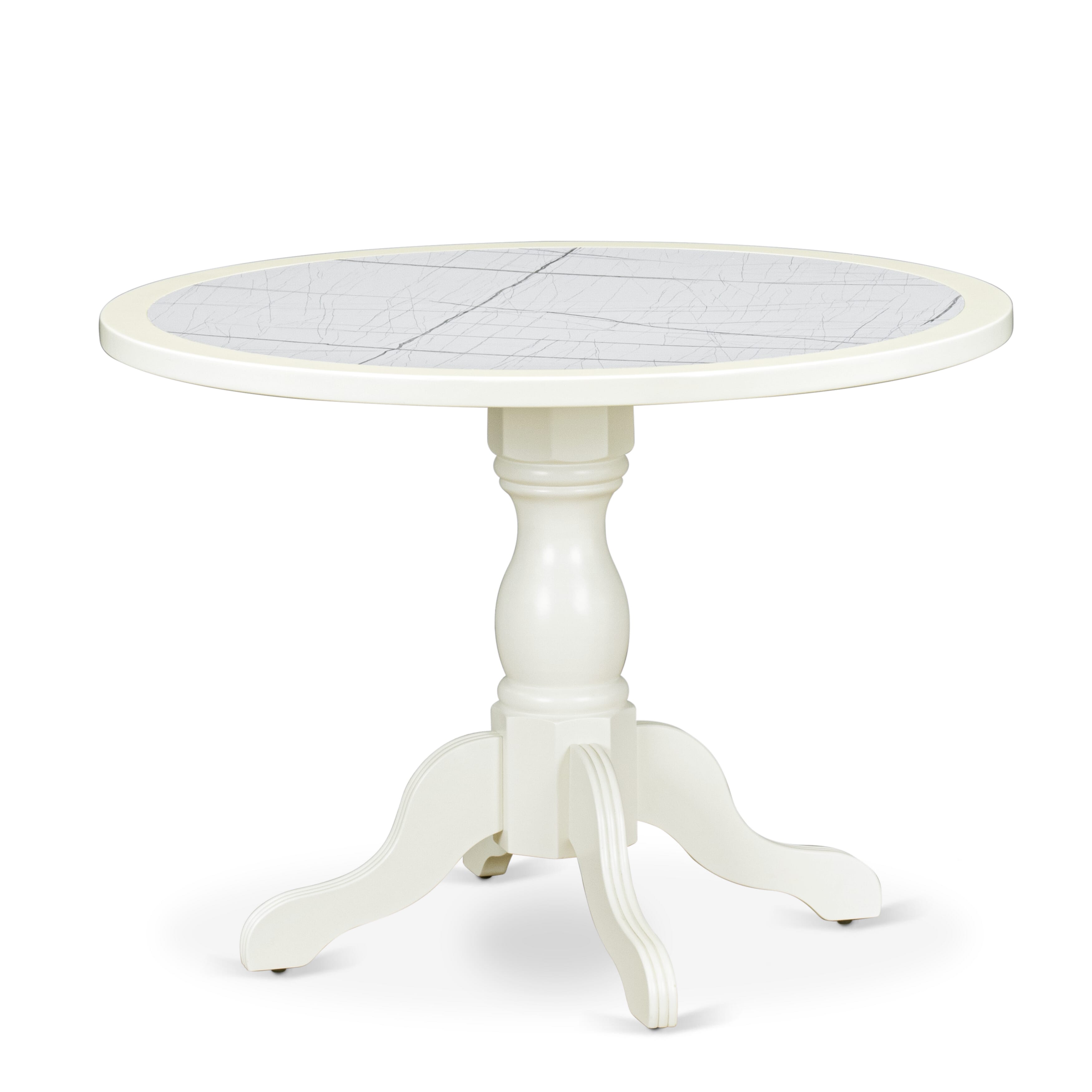 Luxe by East West Furniture - 42T-208-TP - A Round Modern Kitchen Table with Lattice Marble Pattern tabletop, 42x42 inch, Linen White Finish