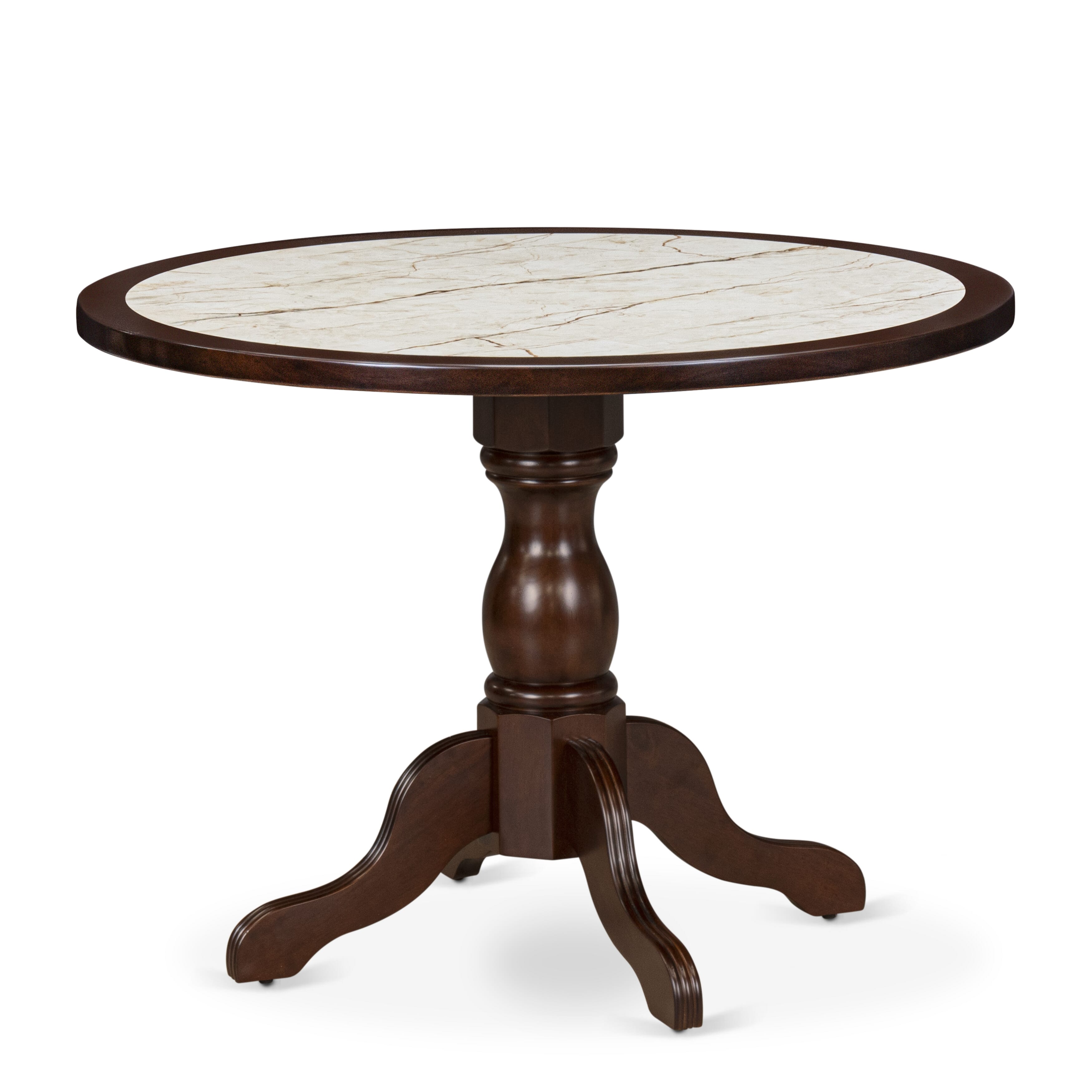 Luxe by East West Furniture - 42T-307-TP - A Round Dining Room Table with Striated Stone Marble Pattern tabletop, 42x42 inch, Mahogany Finish
