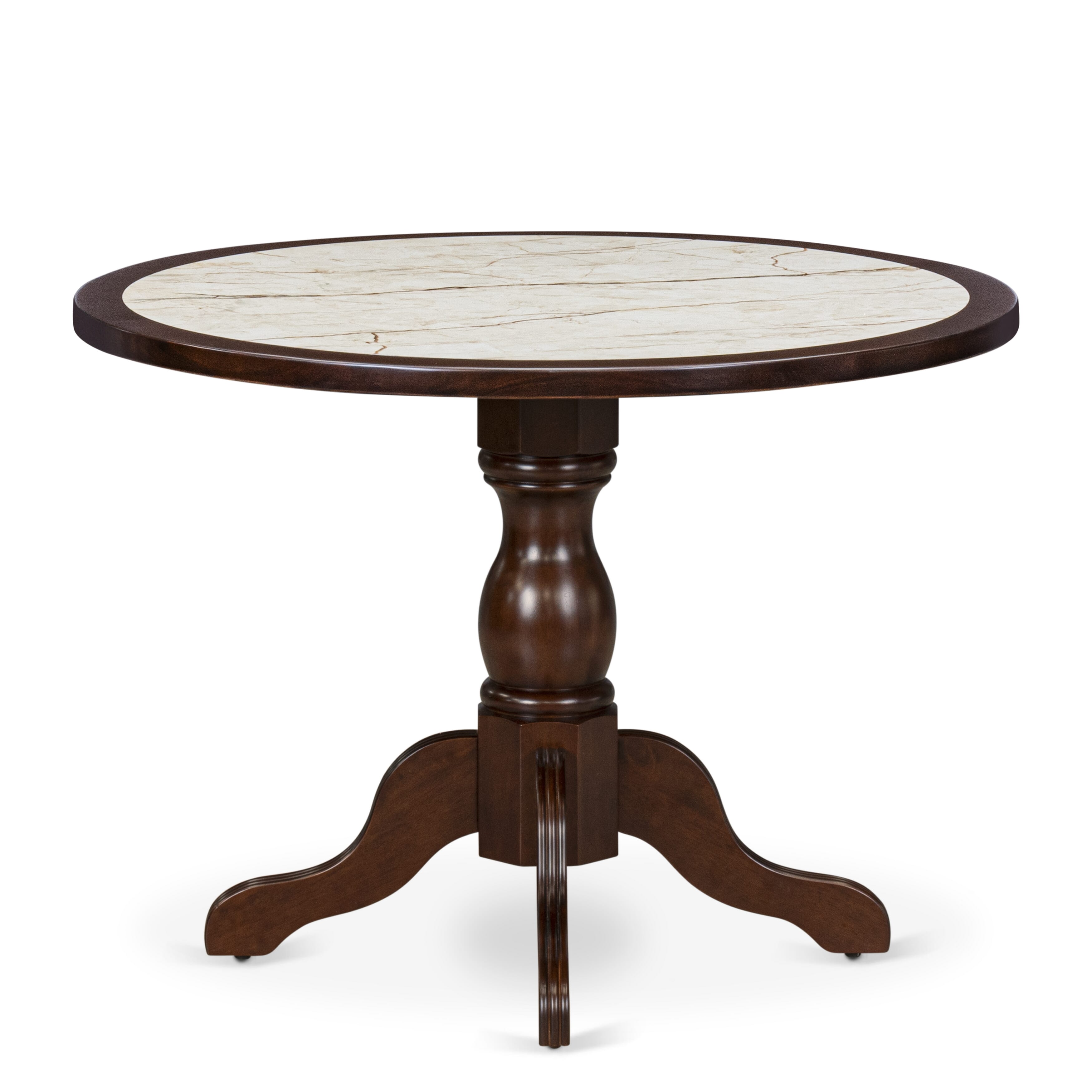 Luxe by East West Furniture 42DA5-307-27 5-piece dining table set includes a pedestal breakfast table and 4 Button Tufted Parsons chairs with Light Gray Faux Leather, Mahogany finish.