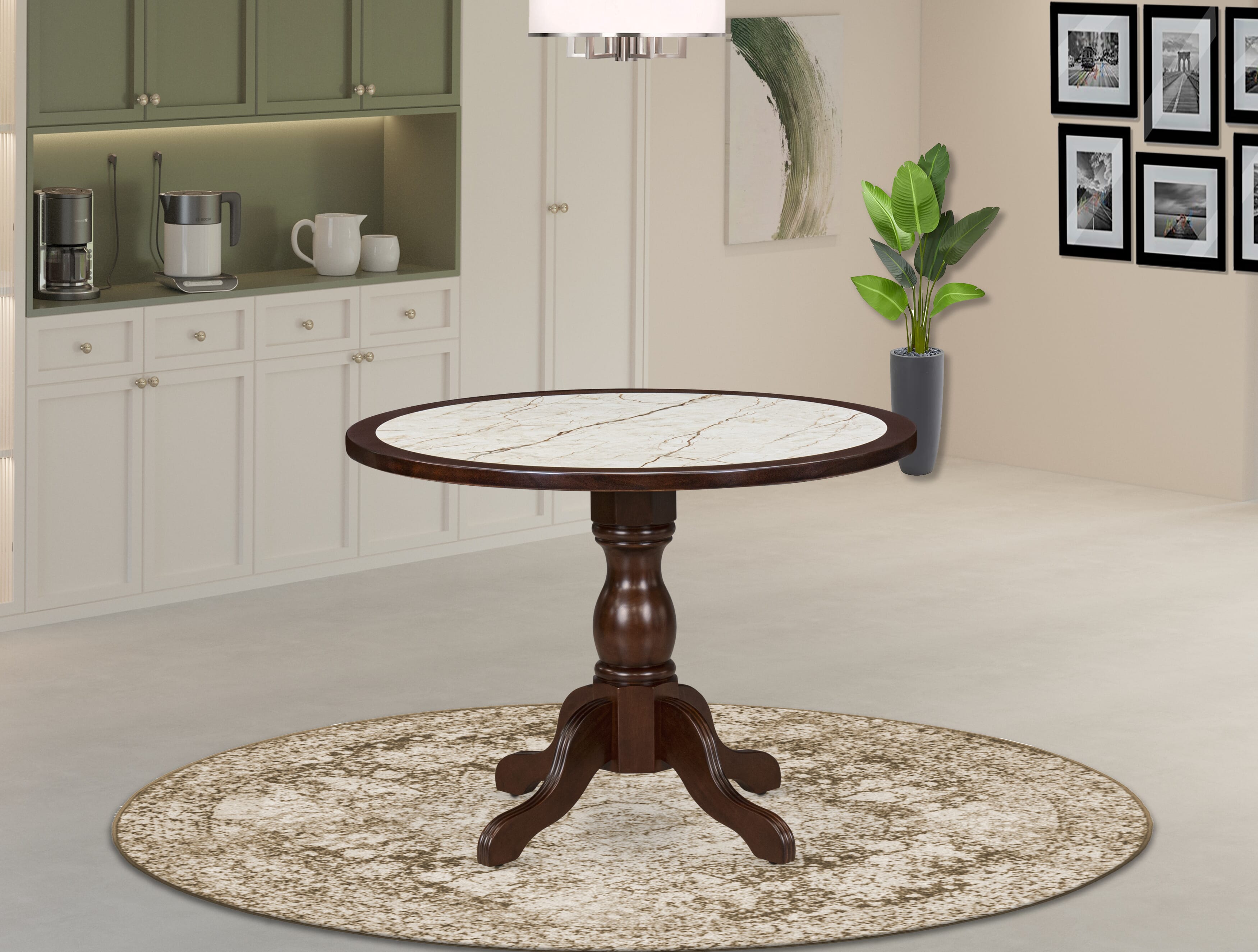 Luxe by East West Furniture - 42T-307-TP - A Round Dining Room Table with Striated Stone Marble Pattern tabletop, 42x42 inch, Mahogany Finish