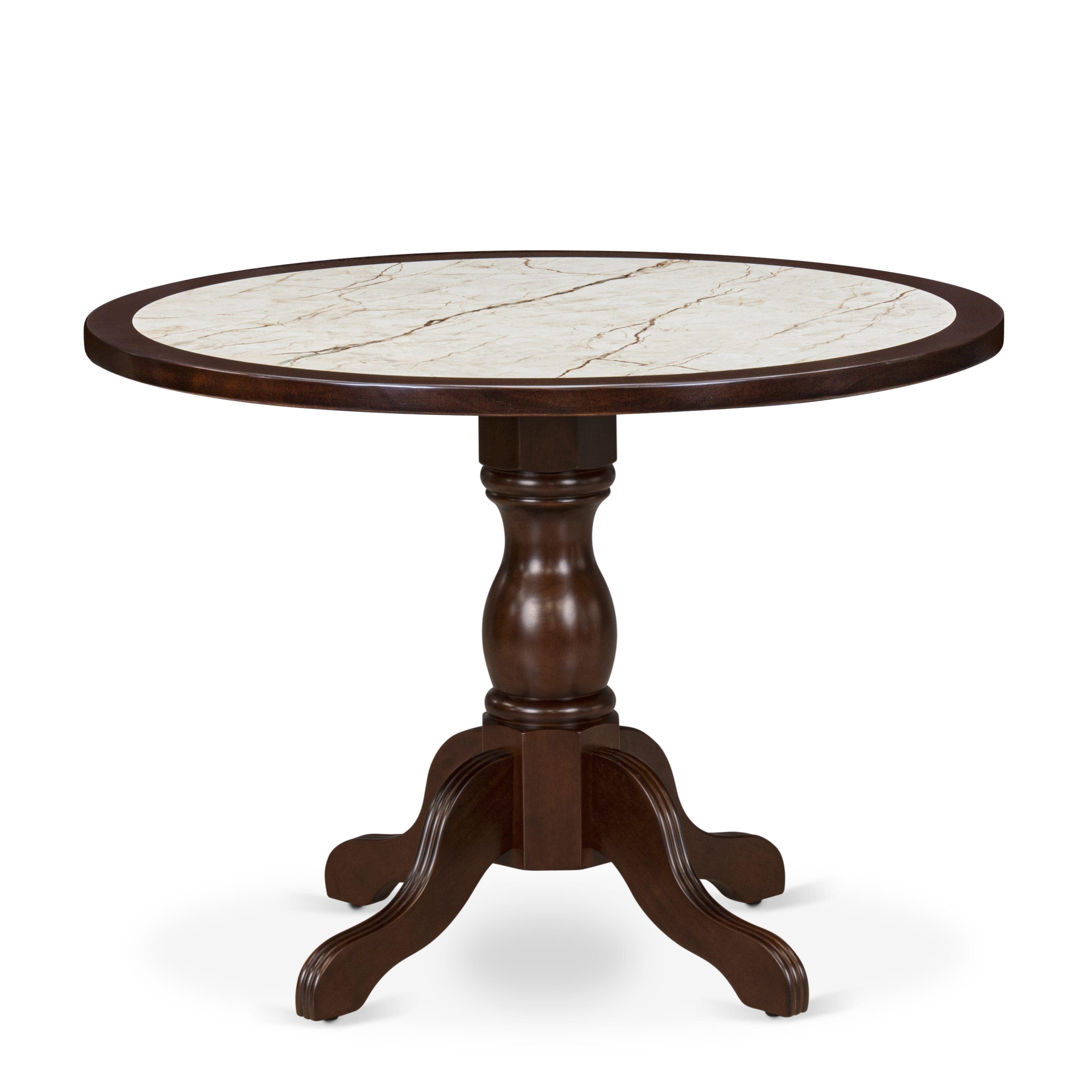 Luxe by East West Furniture 42DA5-307-32 5-Piece Dining Set includes a pedestal kitchen table and 4 Button Tufted Parsons chairs with Light Beige linen fabric, Mahogany finish.
