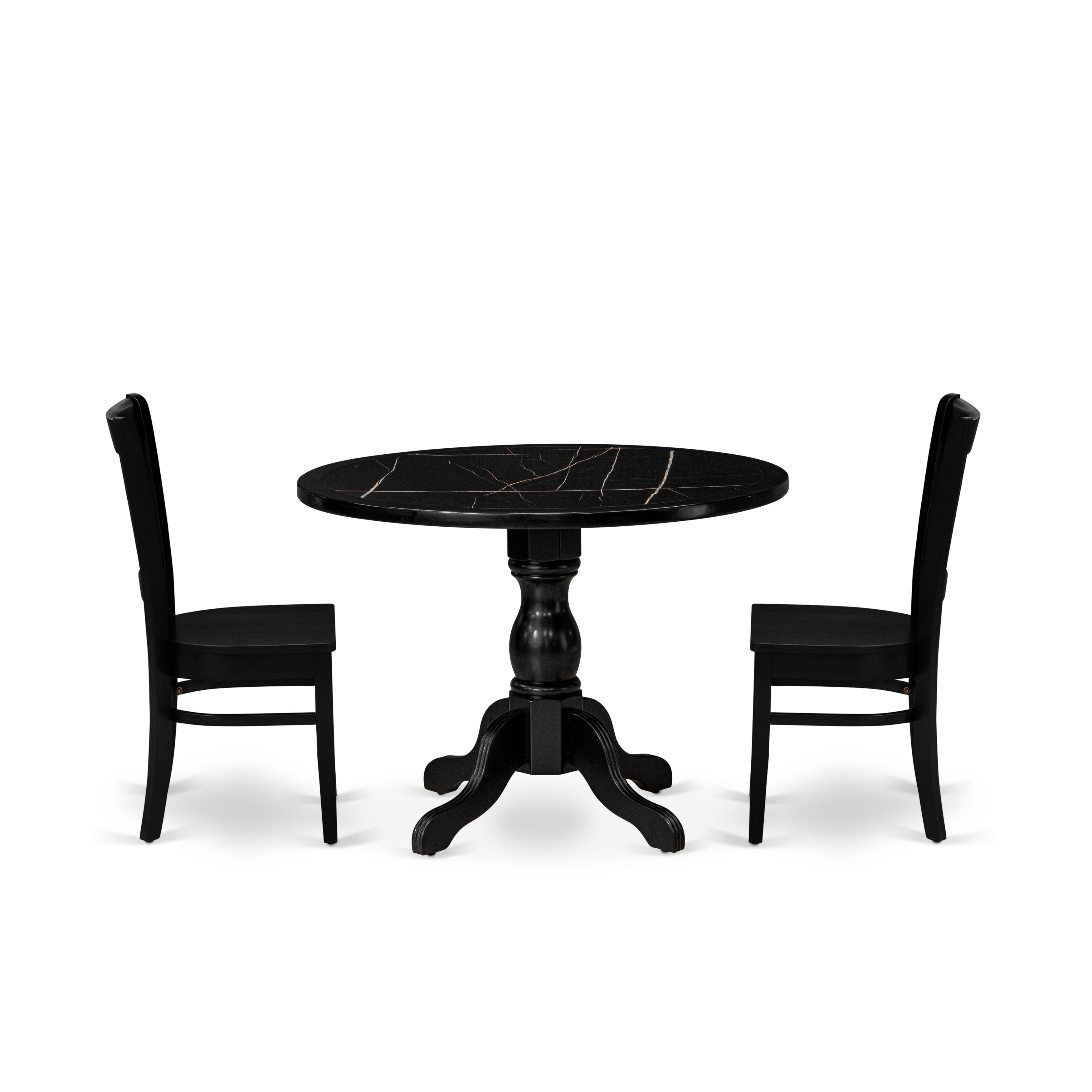 Luxe by East West Furniture 42VA3-103-W -3 pc Kitchen Table Set consists of a Round Table and 2 Wooden Dining Room Chairs with Slatted Back - Wire brushed Black