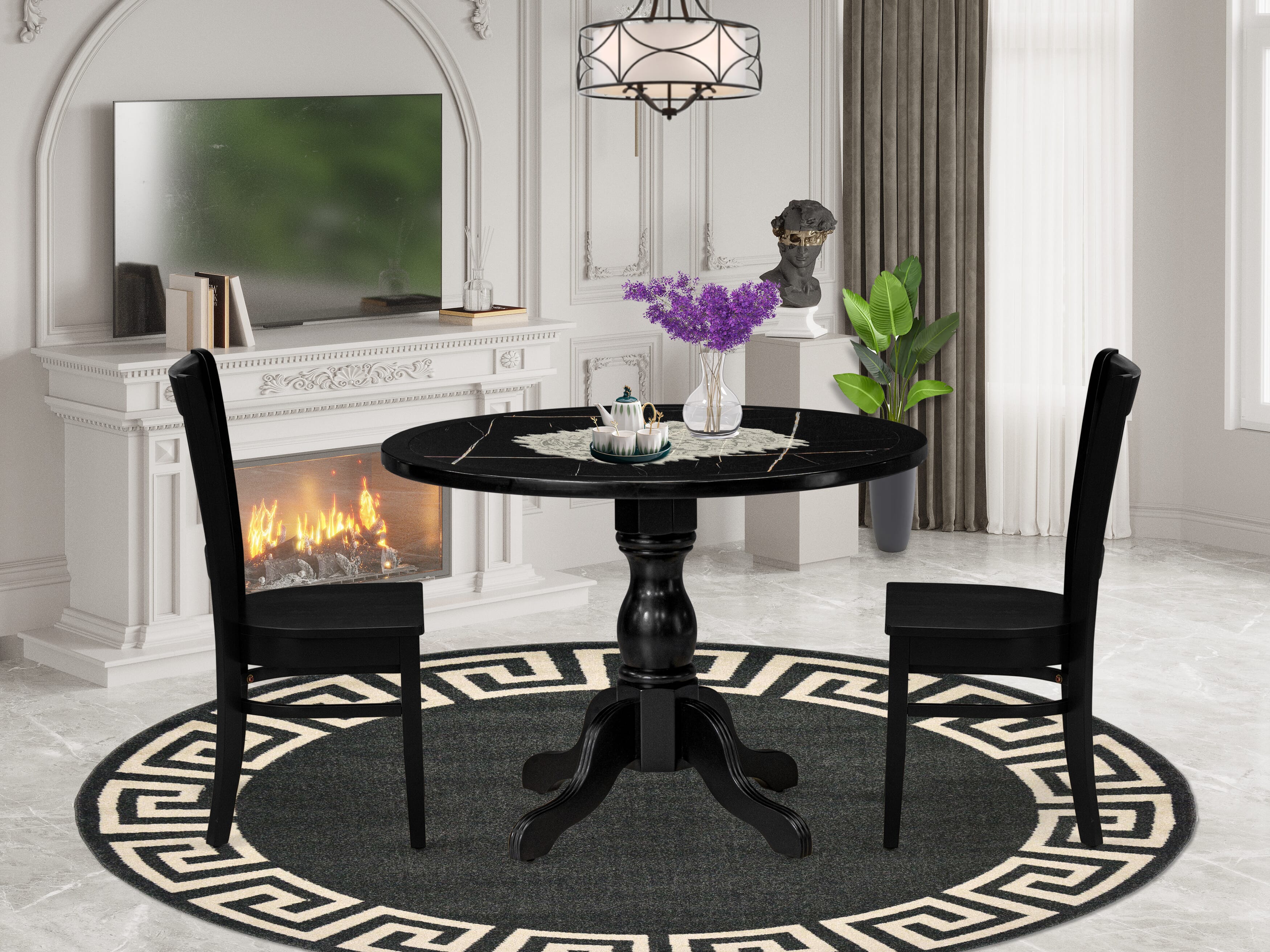Luxe by East West Furniture 42VA3-103-W -3 pc Kitchen Table Set consists of a Round Table and 2 Wooden Dining Room Chairs with Slatted Back - Wire brushed Black