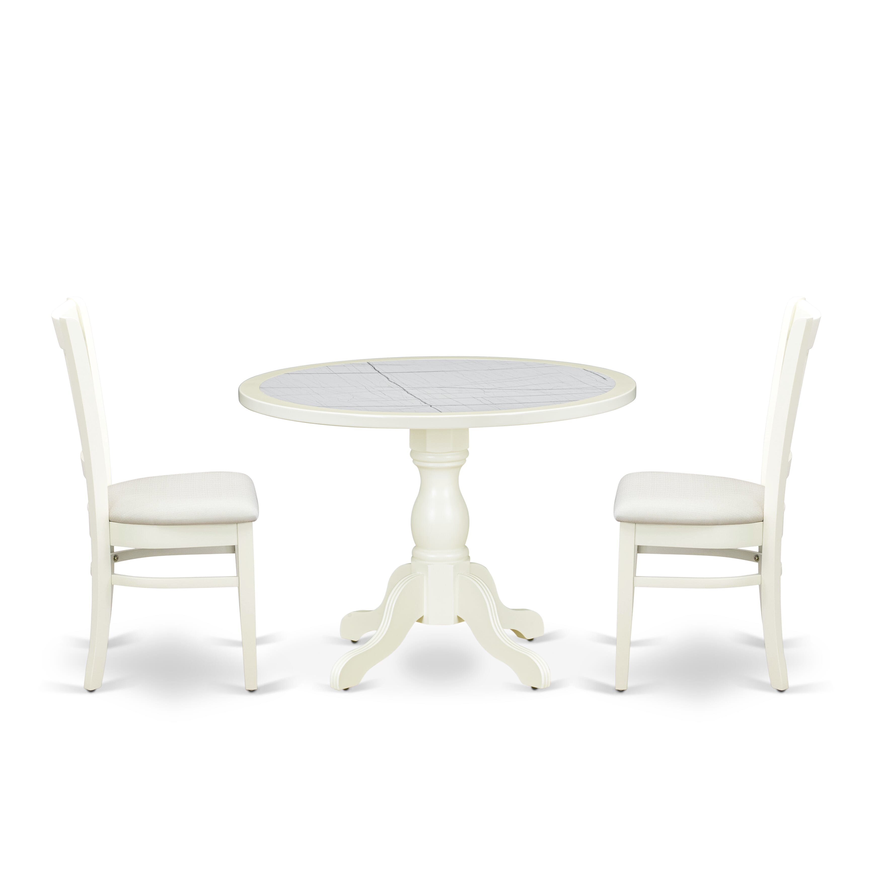 Luxe by East West Furniture 42VA3-208-C 3-Piece Dining Set Consists a pedestal dining table and 2 slatted-back Parsons chairs with linen fabric, Linen White finish.