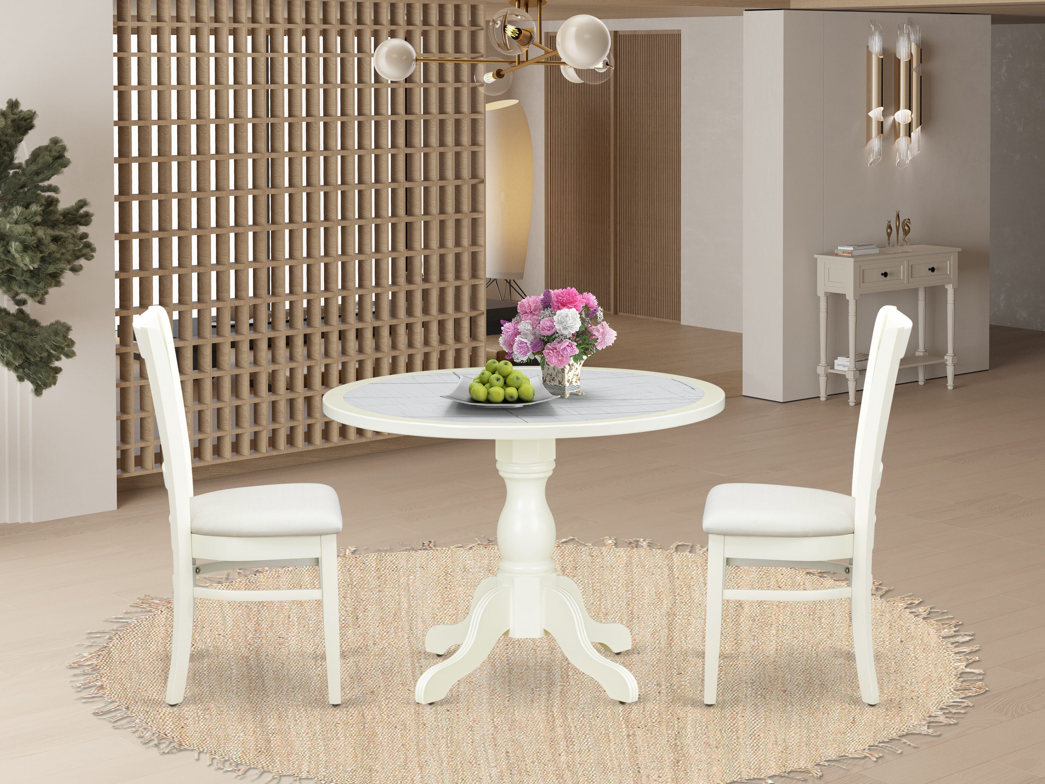Luxe by East West Furniture 42VA3-208-C 3-Piece Dining Set Consists a pedestal dining table and 2 slatted-back Parsons chairs with linen fabric, Linen White finish.