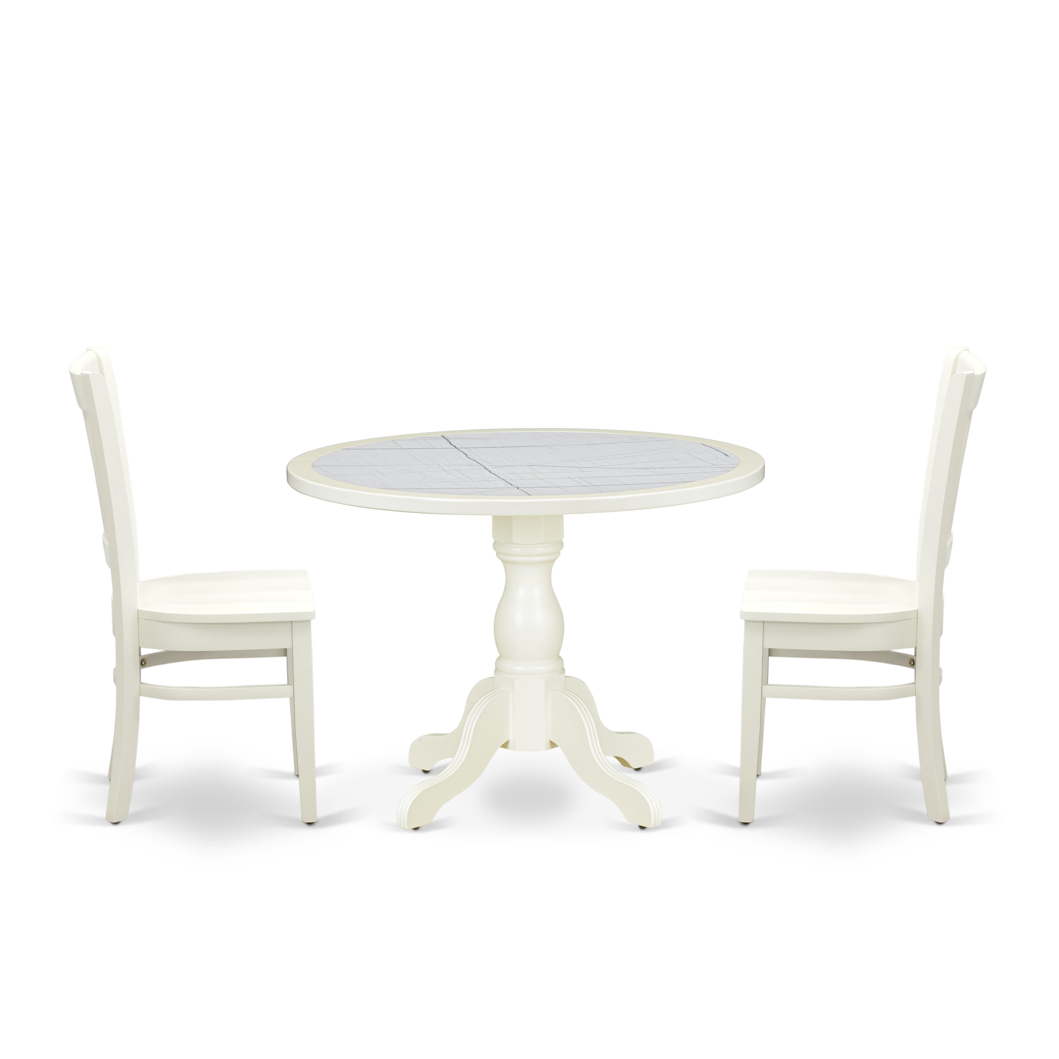 Luxe by East West Furniture 42VA3-208-W 3-piece modern table set Consists a pedestal dining table and 2 slatted-back dining chairs, Linen White finish.