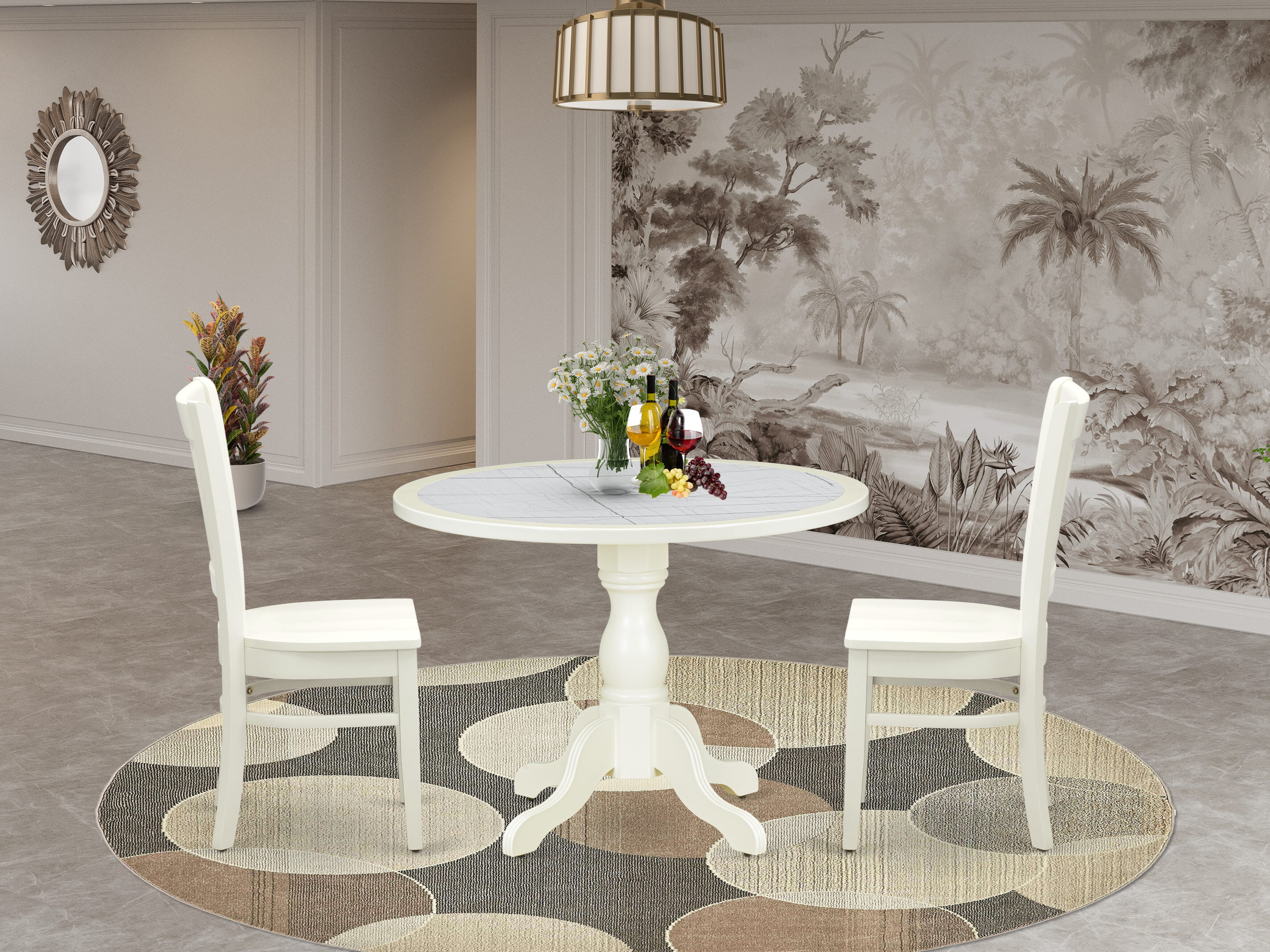 Luxe by East West Furniture 42VA3-208-W 3-piece modern table set Consists a pedestal dining table and 2 slatted-back dining chairs, Linen White finish.