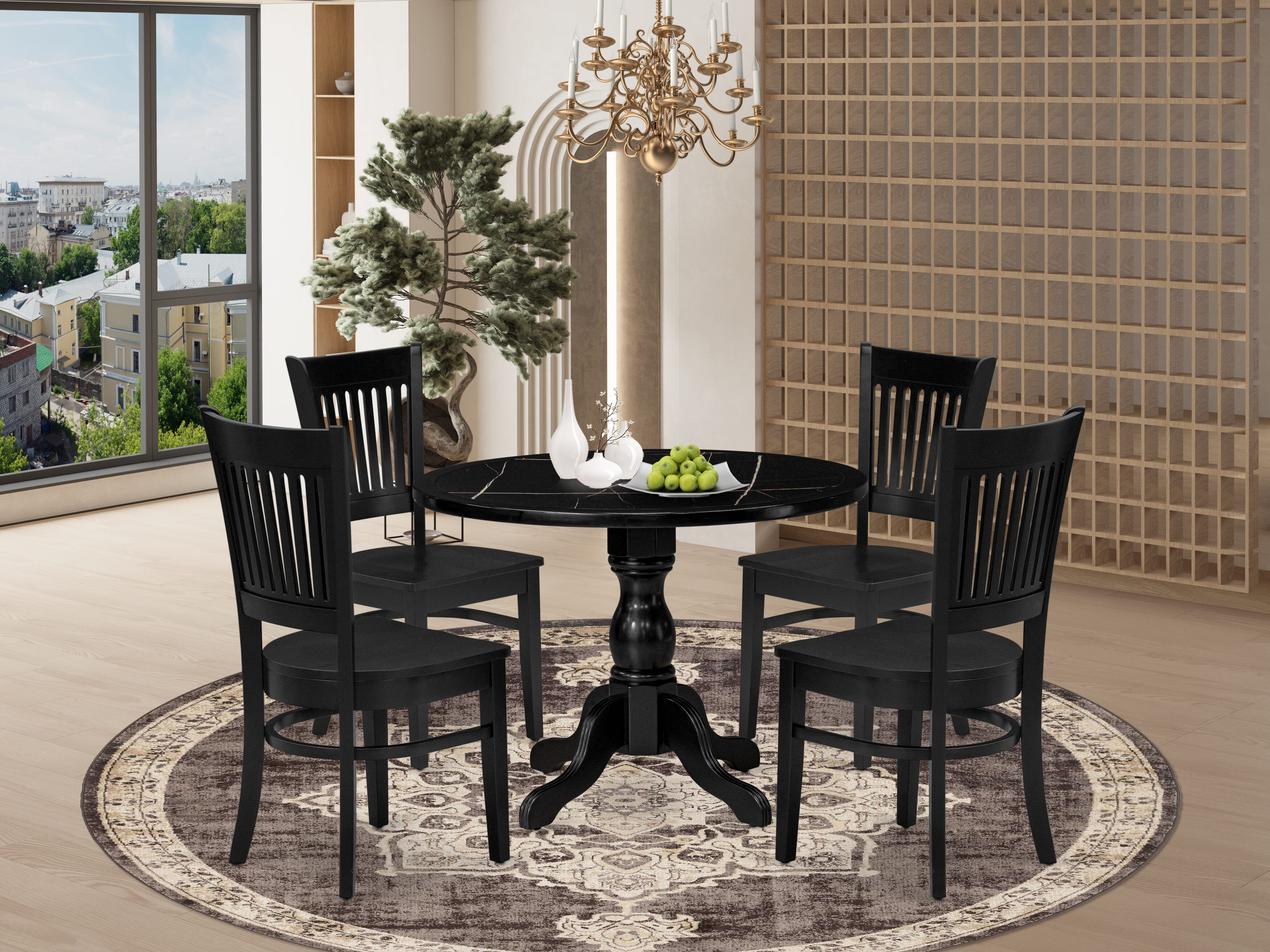 Luxe by East West Furniture 42VA5-103-W -5 pc Dining Set contains a Round Table and 4 Wooden Dining Room Chair with Slatted Back - Wire brushed Black