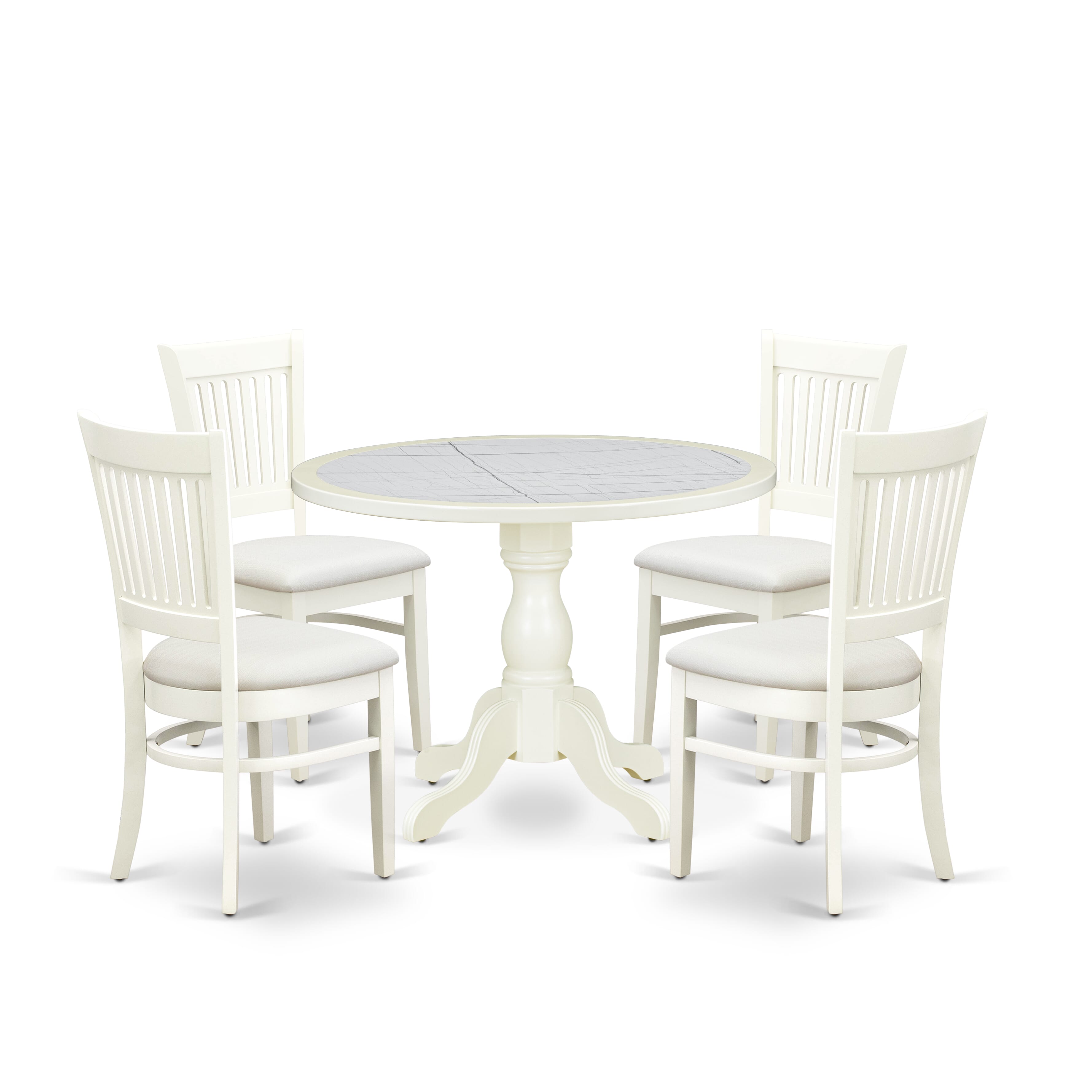 Luxe by East West Furniture 42VA5-208-C 5-piece kitchen table set includes a pedestal kitchen table and 4 slatted-back Parsons chairs with linen fabric, Linen White finish.