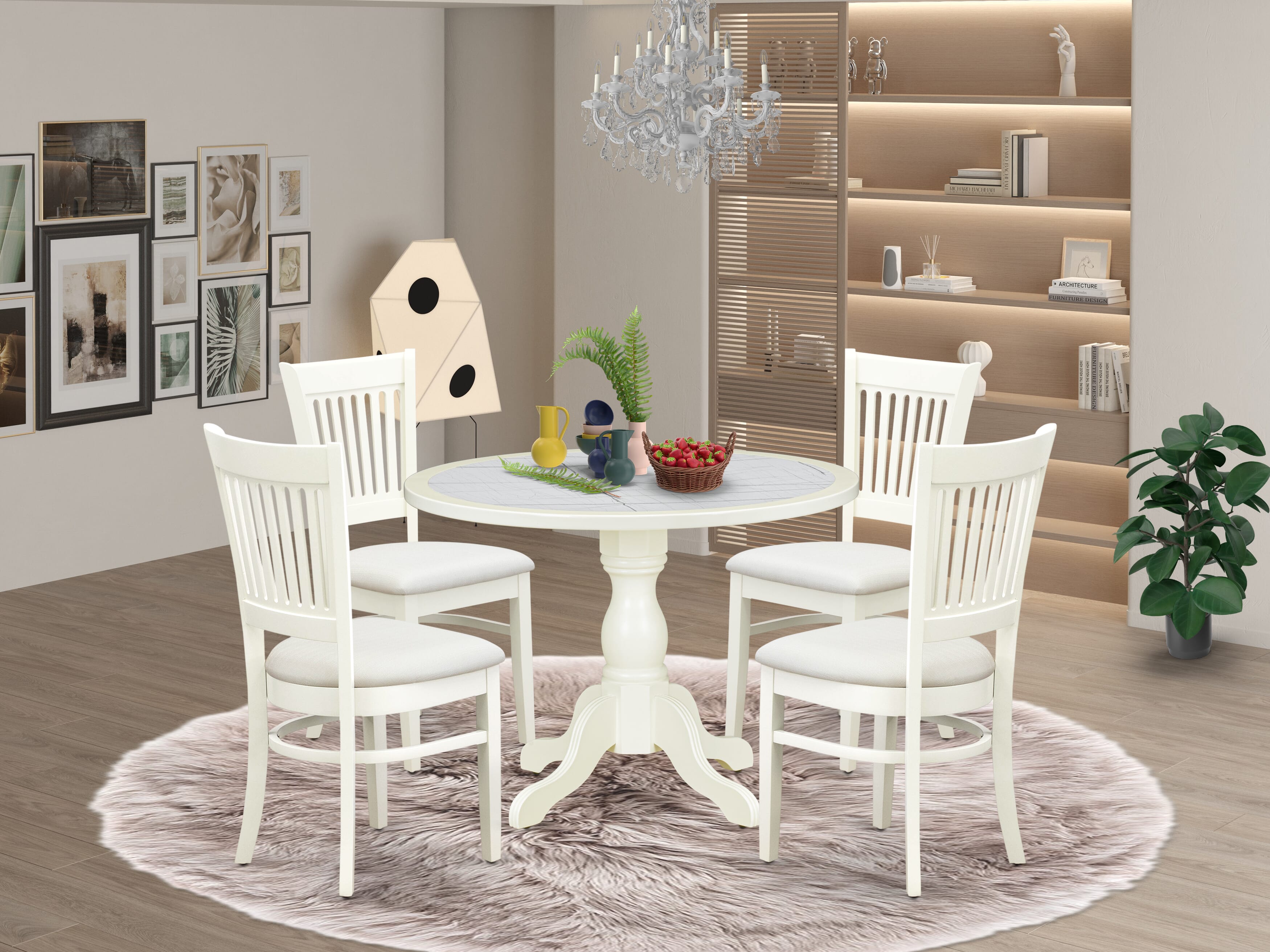 Luxe by East West Furniture 42VA5-208-C 5-piece kitchen table set includes a pedestal kitchen table and 4 slatted-back Parsons chairs with linen fabric, Linen White finish.