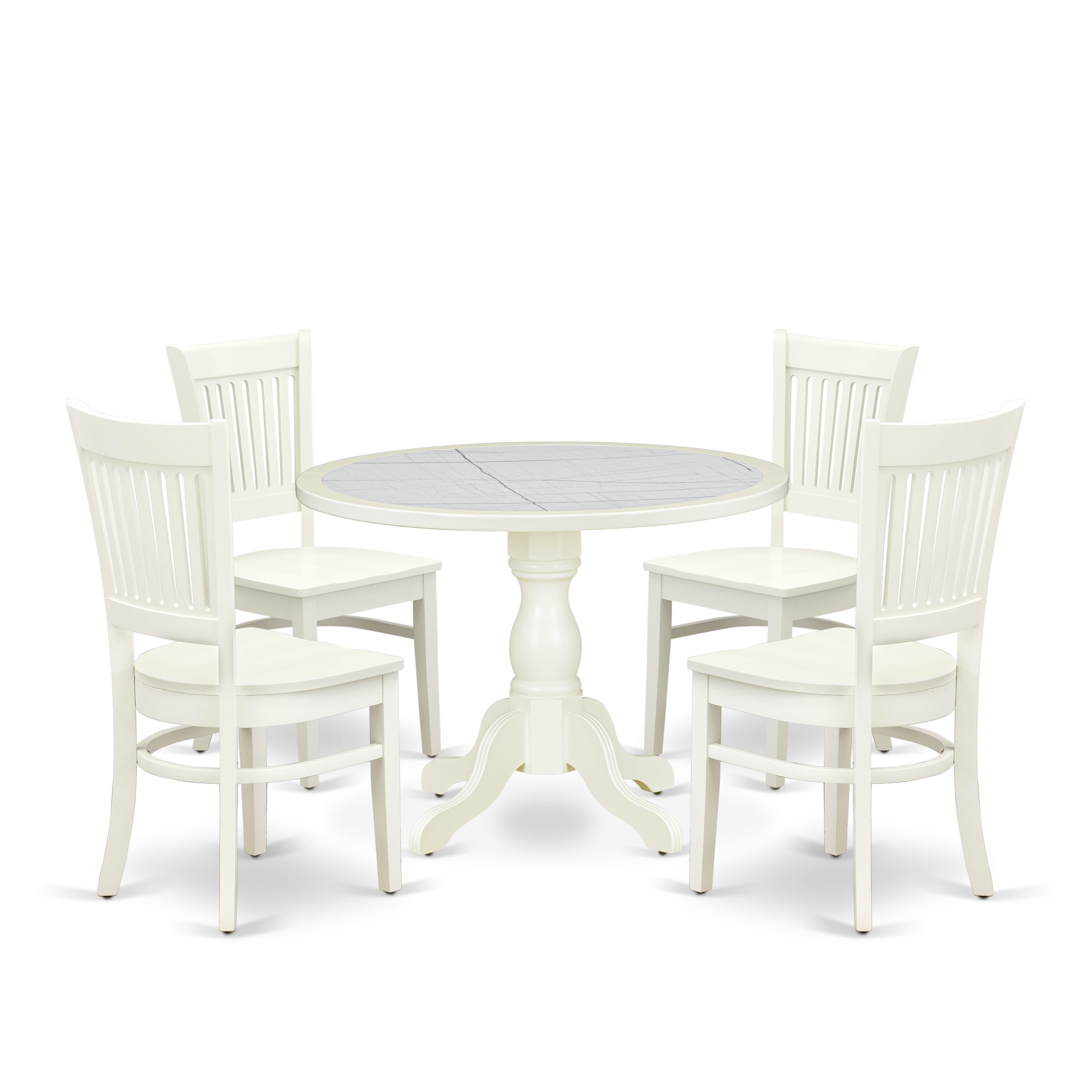 Luxe by East West Furniture 42VA5-208-W 5-Piece Dining Room Set includes a round pedestal kitchen table and 4 slatted-back modern chairs, Linen White finish.