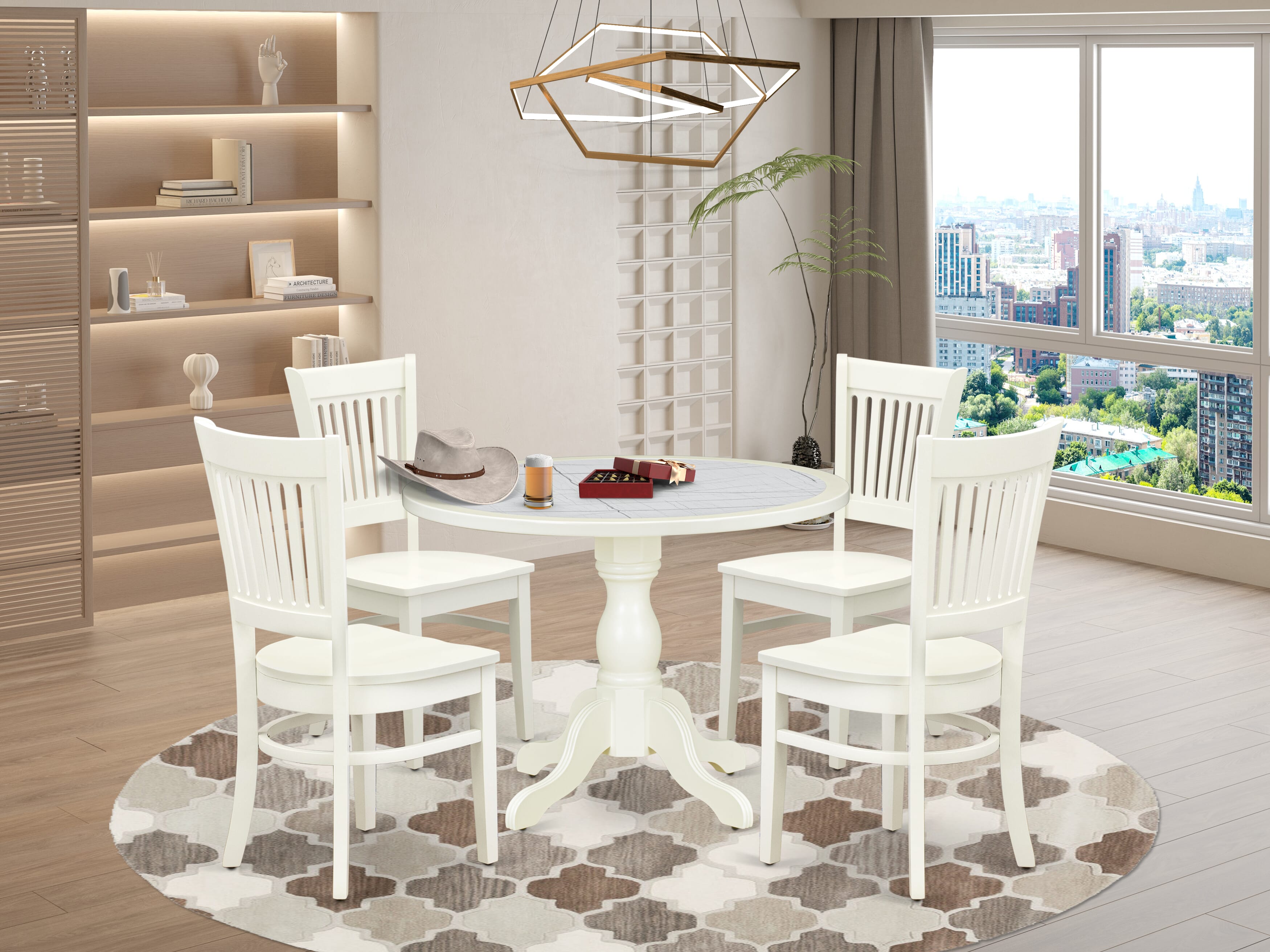 Luxe by East West Furniture 42VA5-208-W 5-Piece Dining Room Set includes a round pedestal kitchen table and 4 slatted-back modern chairs, Linen White finish.