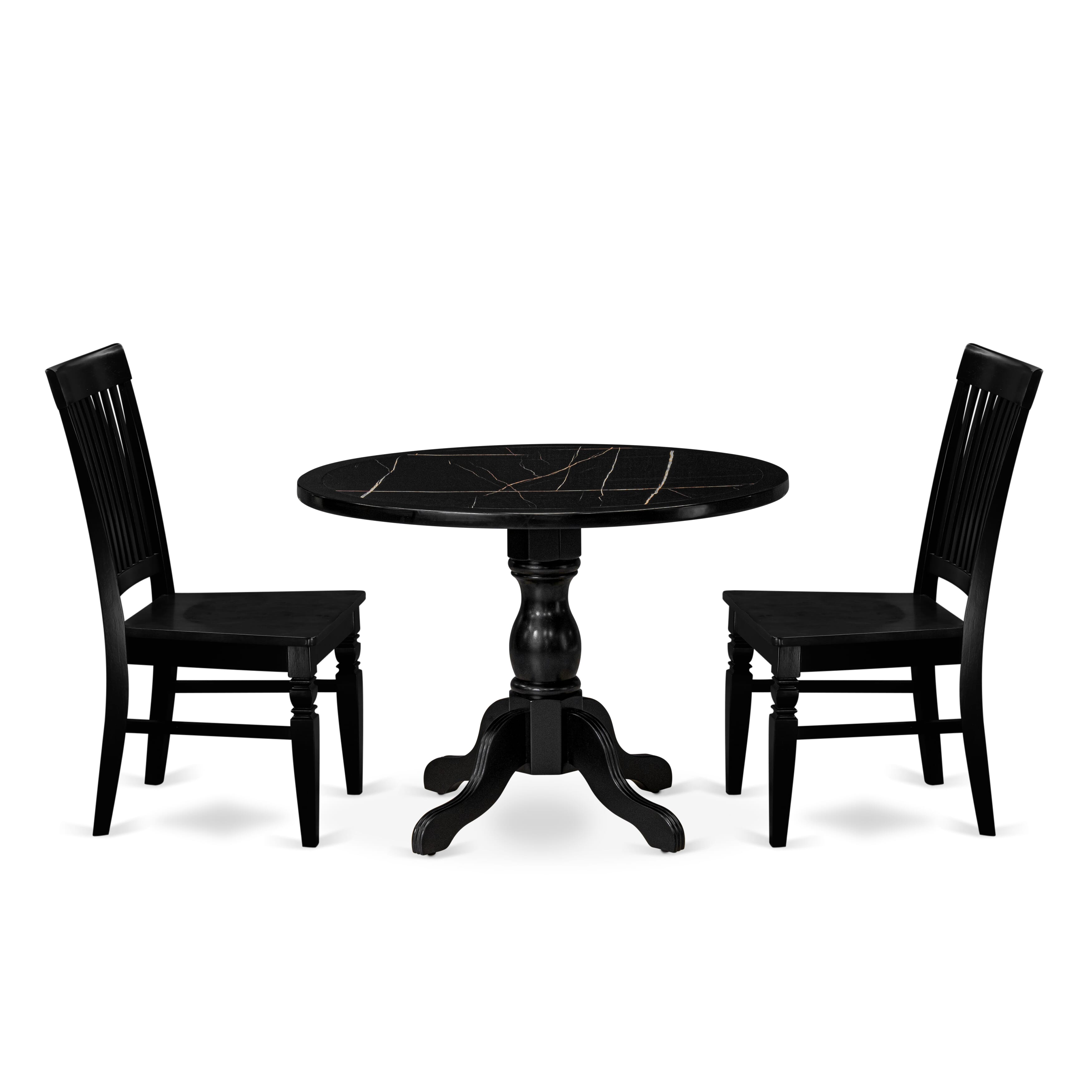 Luxe by East West Furniture 42WE3-103-W -3 pc Dining Room Set Includes a Round Table and 2 Wooden Dinner chairs with Slatted Back - Wire brushed Black