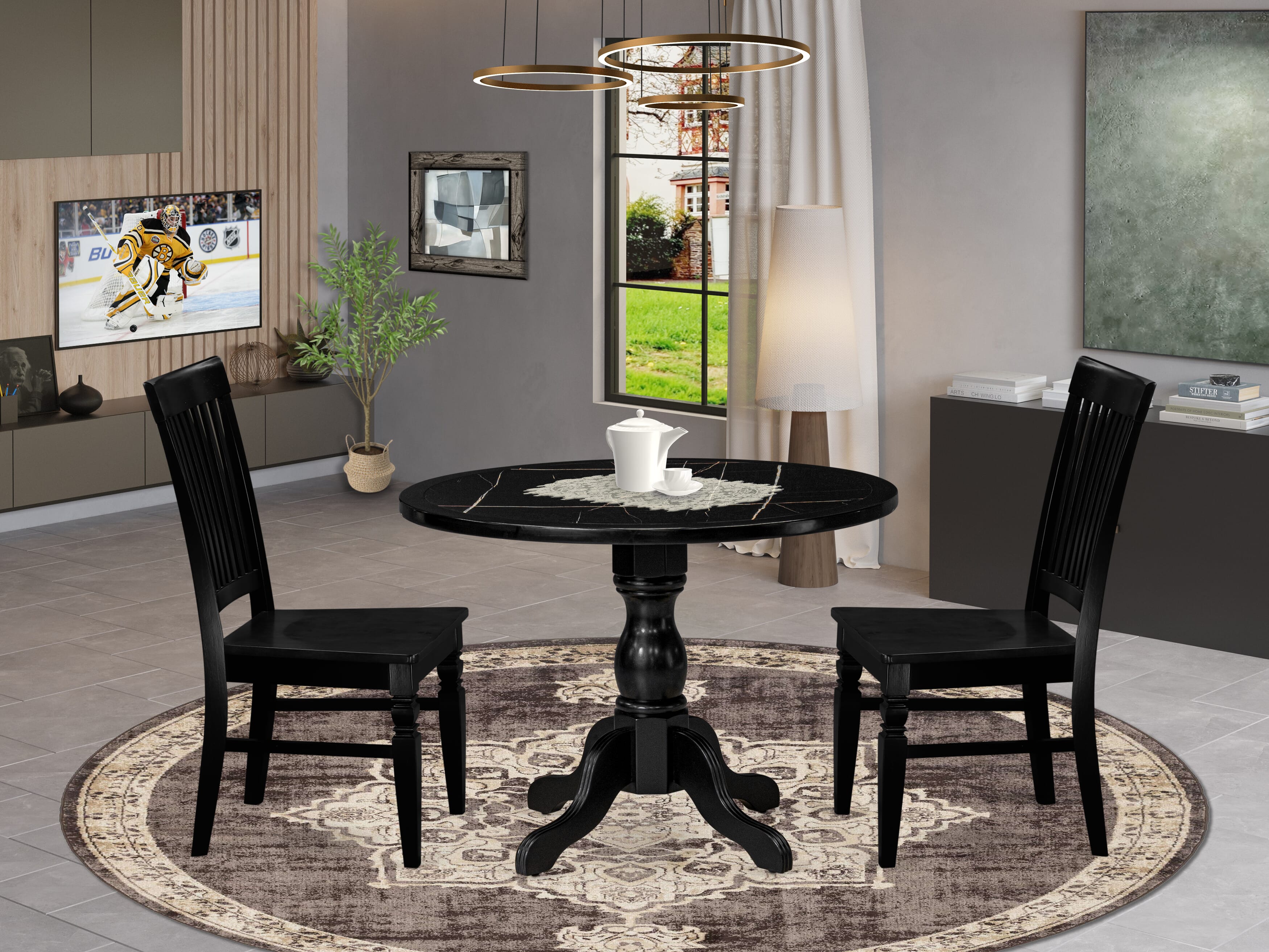 Luxe by East West Furniture 42WE3-103-W -3 pc Dining Room Set Includes a Round Table and 2 Wooden Dinner chairs with Slatted Back - Wire brushed Black