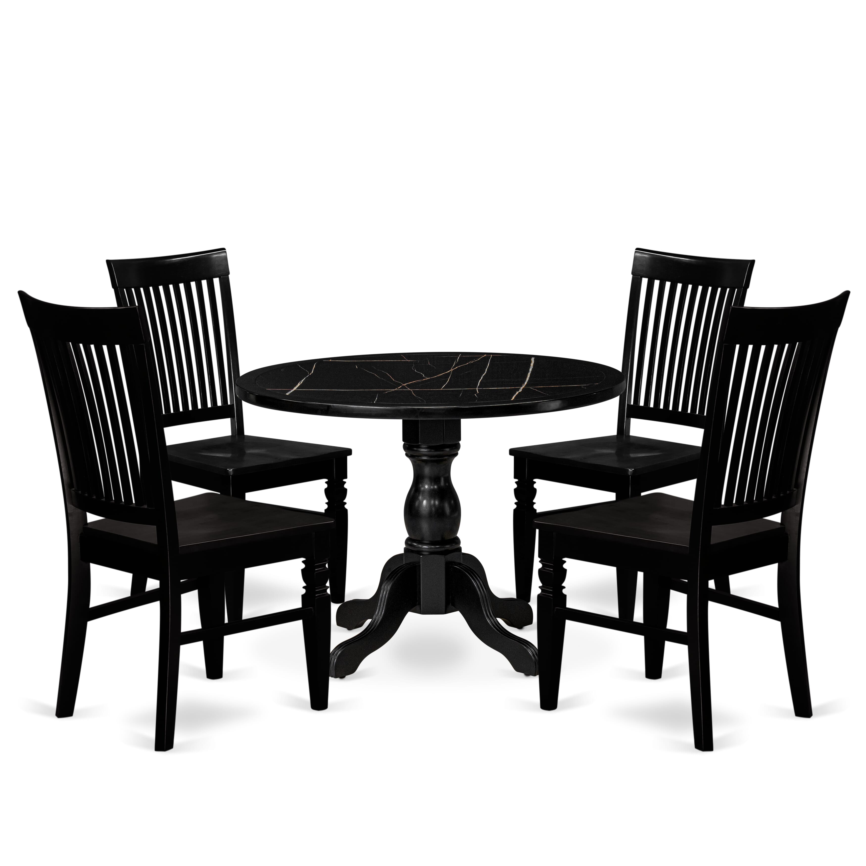 Luxe by East West Furniture 42WE5-103-W -5 pc Table Set consists of a Round Table and 4 Wooden Dining Chairs with Slatted Back - Wire brushed Black