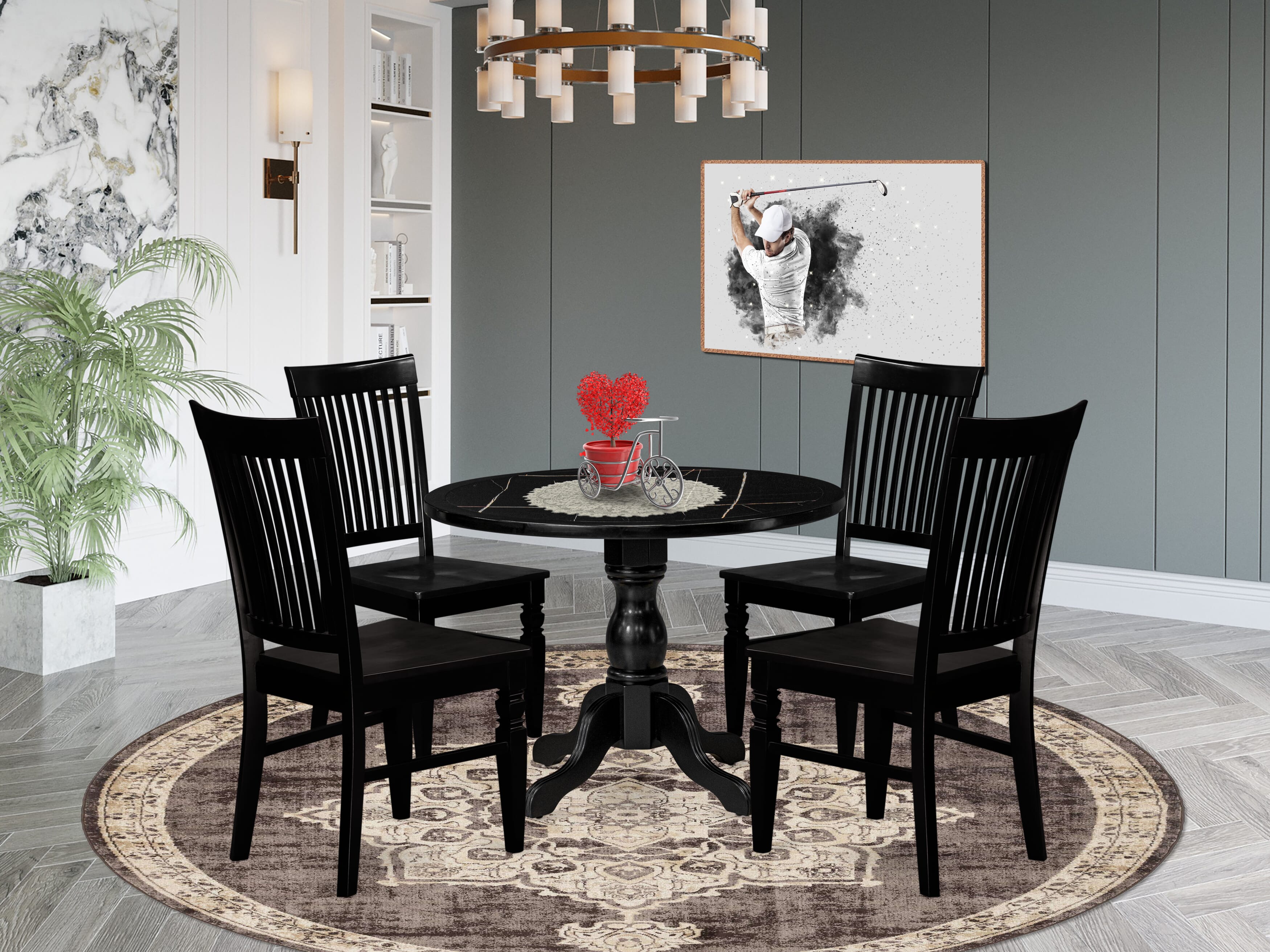 Luxe by East West Furniture 42WE5-103-W -5 pc Table Set consists of a Round Table and 4 Wooden Dining Chairs with Slatted Back - Wire brushed Black