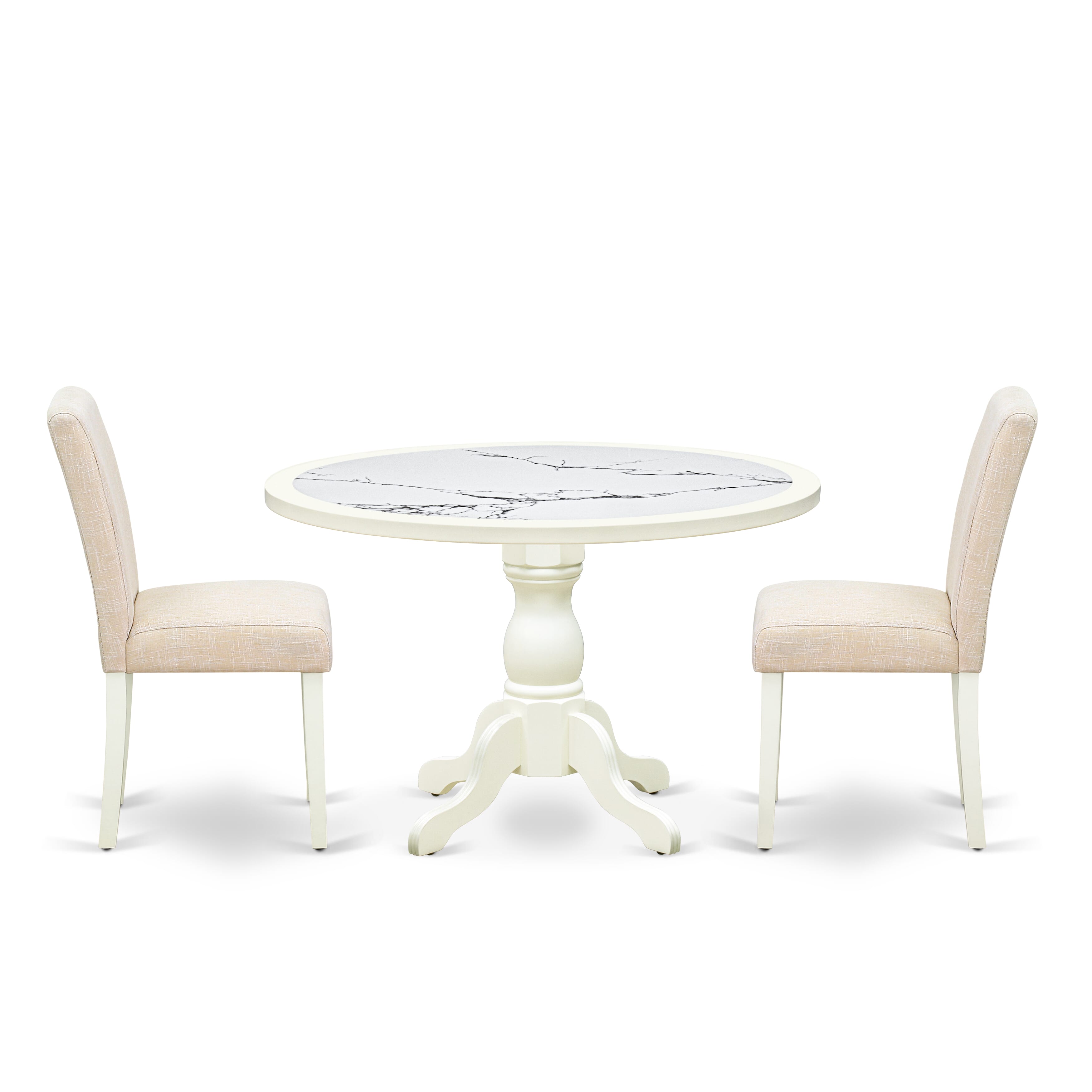 Luxe by East West Furniture 48AB3-204-02 3-piece mid-century kitchen Set Consists a round pedestal table and 2 High Back Parsons chairs with Light Beige Linen Fabric, Linen White finish.