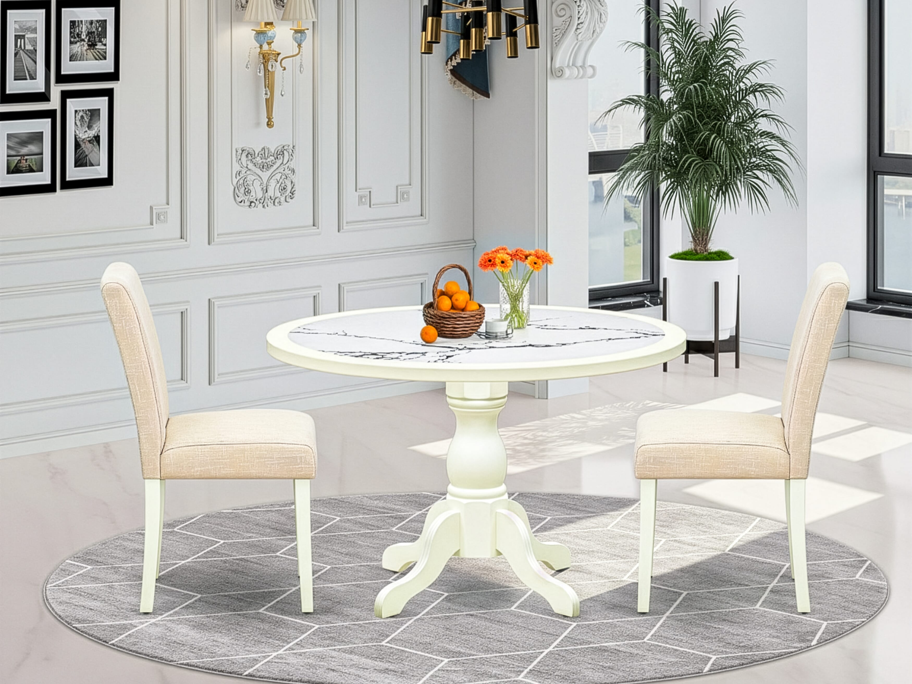 Luxe by East West Furniture 48AB3-204-02 3-piece mid-century kitchen Set Consists a round pedestal table and 2 High Back Parsons chairs with Light Beige Linen Fabric, Linen White finish.