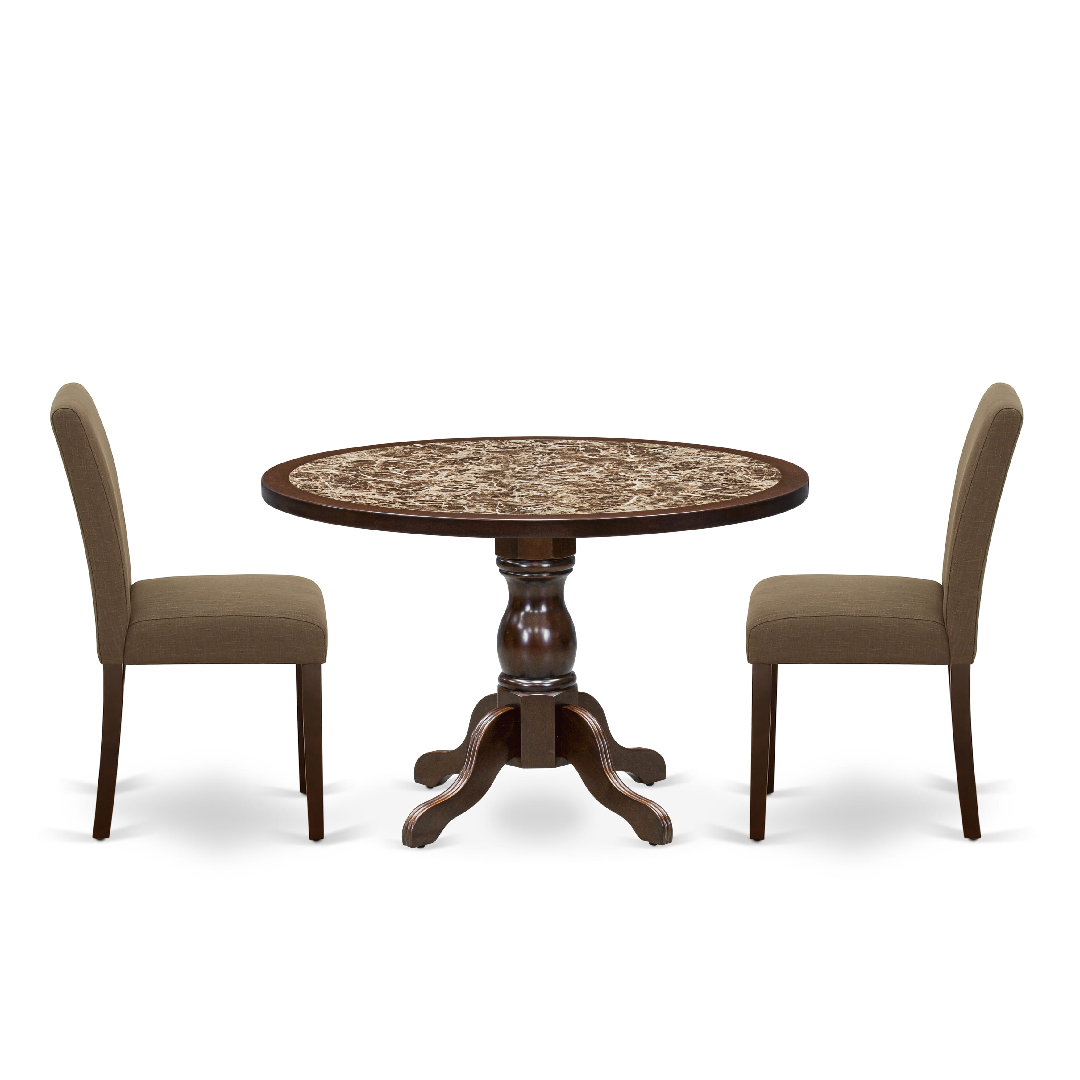 Luxe by East West Furniture 48AB3-312-18 3-Pc Dining Room Table Set Include a Dining Table with Rippled Sand Marble Pattern Tabletop and 2 Coffee Linen Fabric Chairs, Mahogany