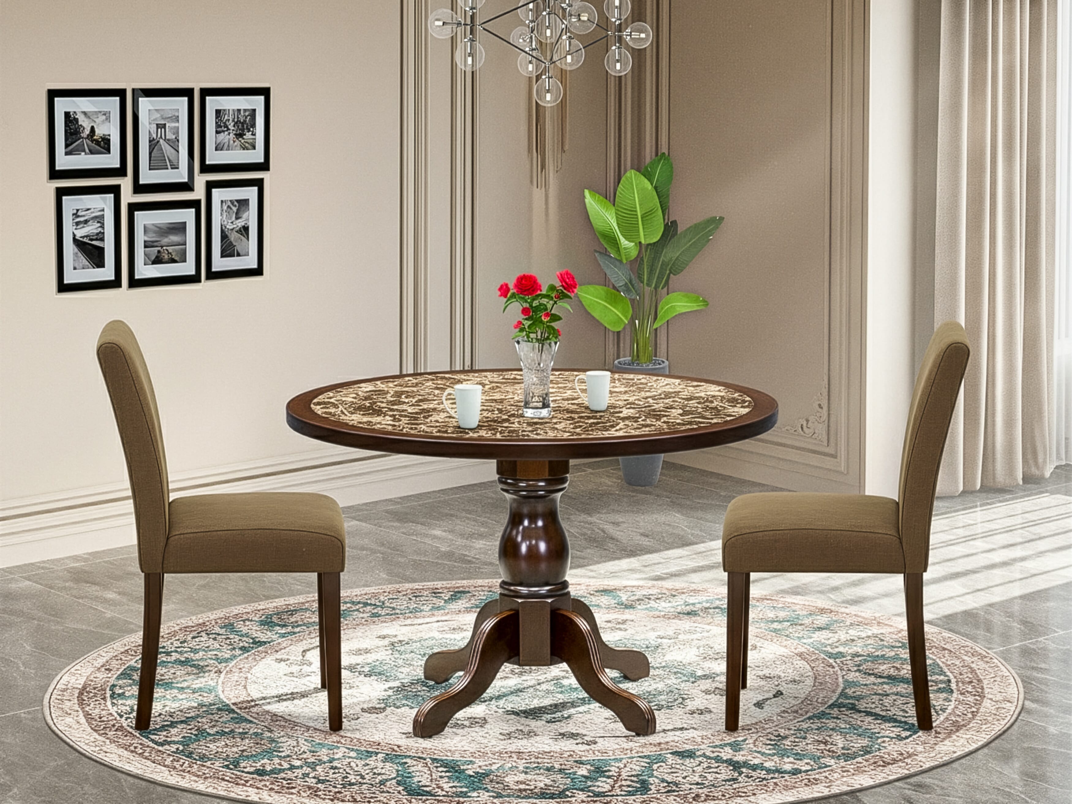 Luxe by East West Furniture 48AB3-312-18 3-Pc Dining Room Table Set Include a Dining Table with Rippled Sand Marble Pattern Tabletop and 2 Coffee Linen Fabric Chairs, Mahogany