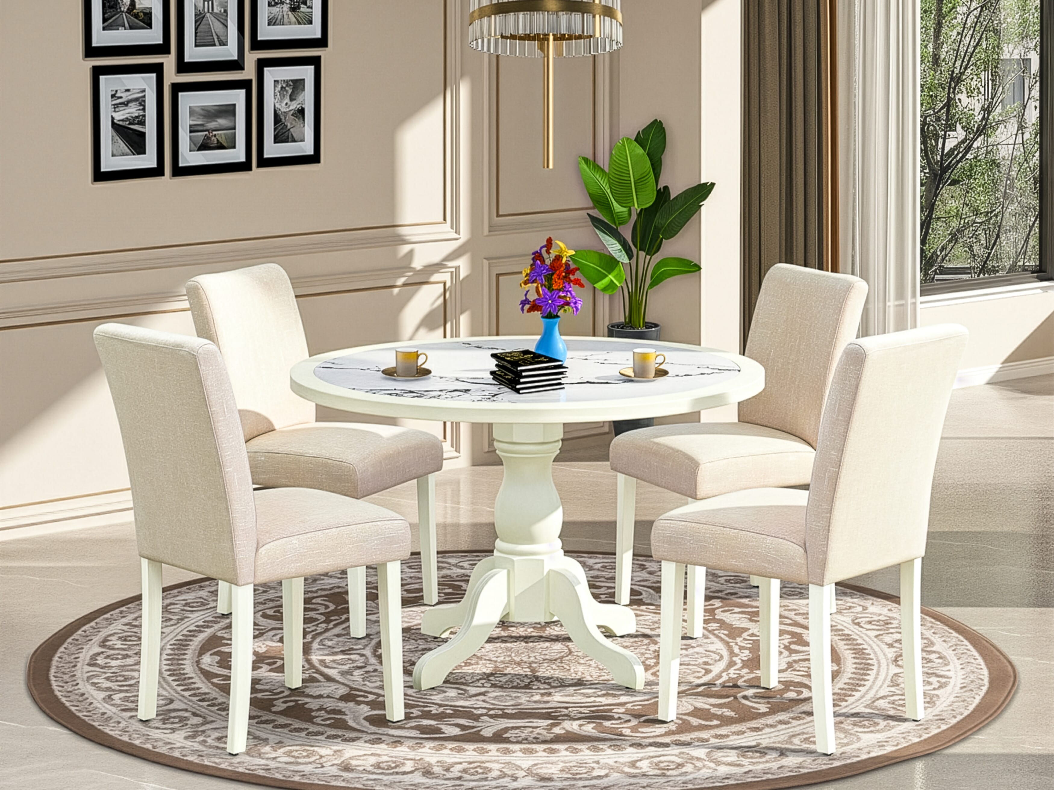 Luxe by East West Furniture 48AB5-204-02 5-Piece dining table set includes a pedestal kitchen table and 4 High Back Parsons chairs with Light Beige Linen Fabric, Linen White finish.