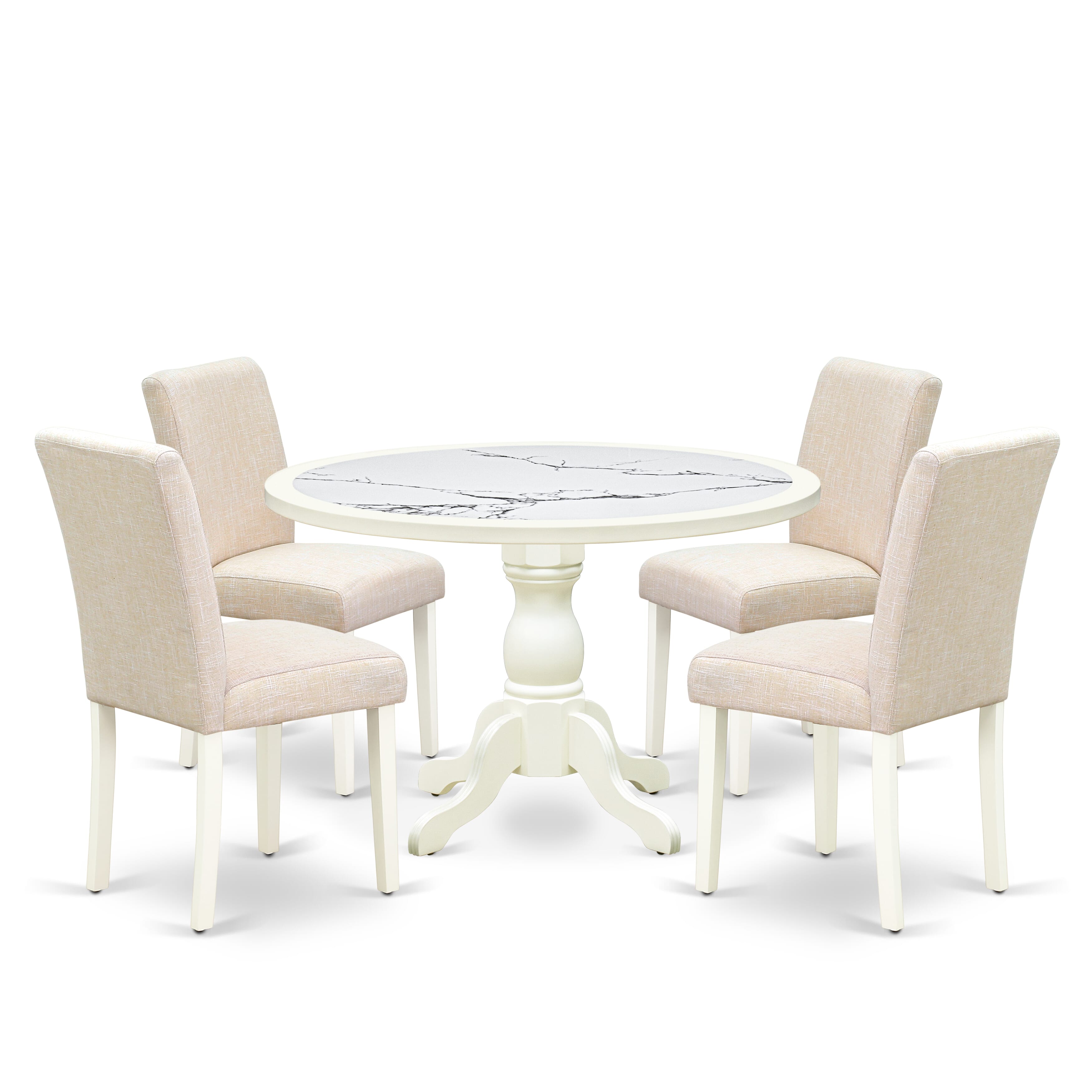 Luxe by East West Furniture 48AB5-204-02 5-Piece dining table set includes a pedestal kitchen table and 4 High Back Parsons chairs with Light Beige Linen Fabric, Linen White finish.