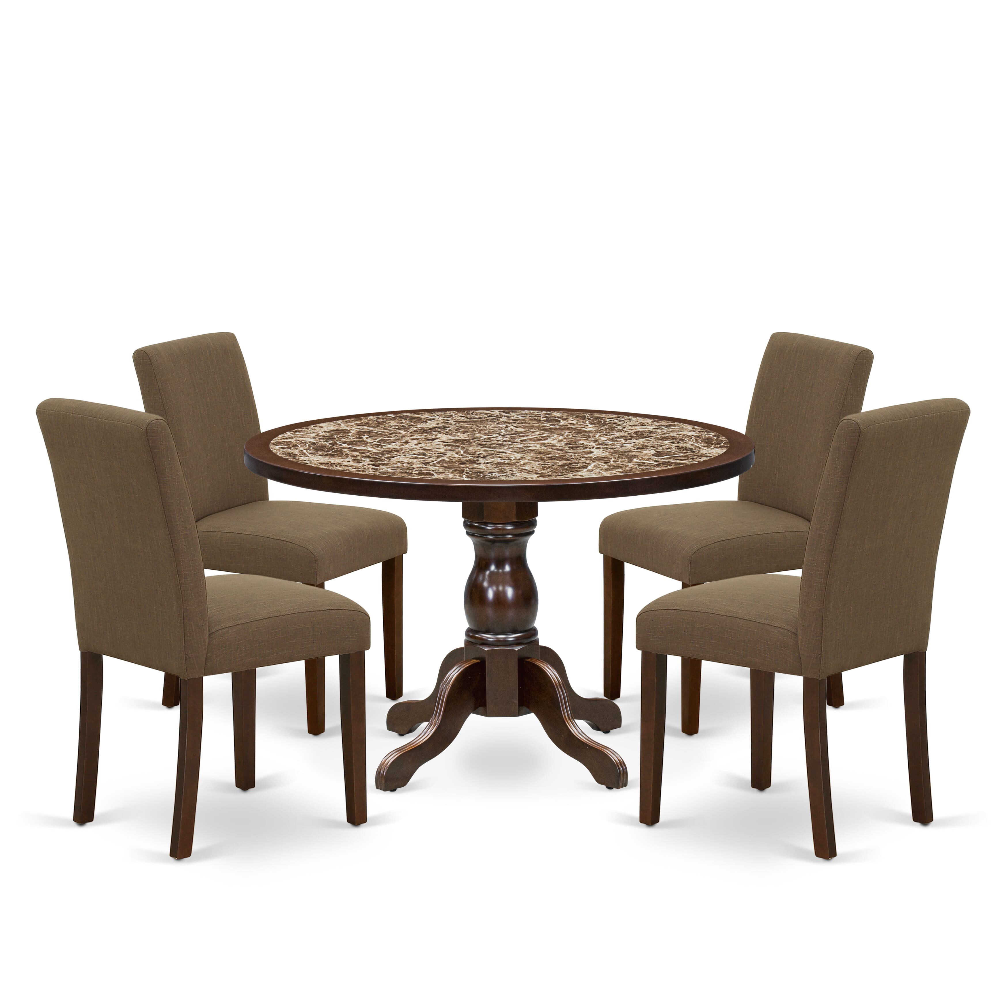 Luxe by East West Furniture 48AB5-312-18 5-Pc Dining Table Set Include a Dining Table with Rippled Sand Marble Pattern Tabletop and 4 Coffee Linen Fabric Chairs, Mahogany