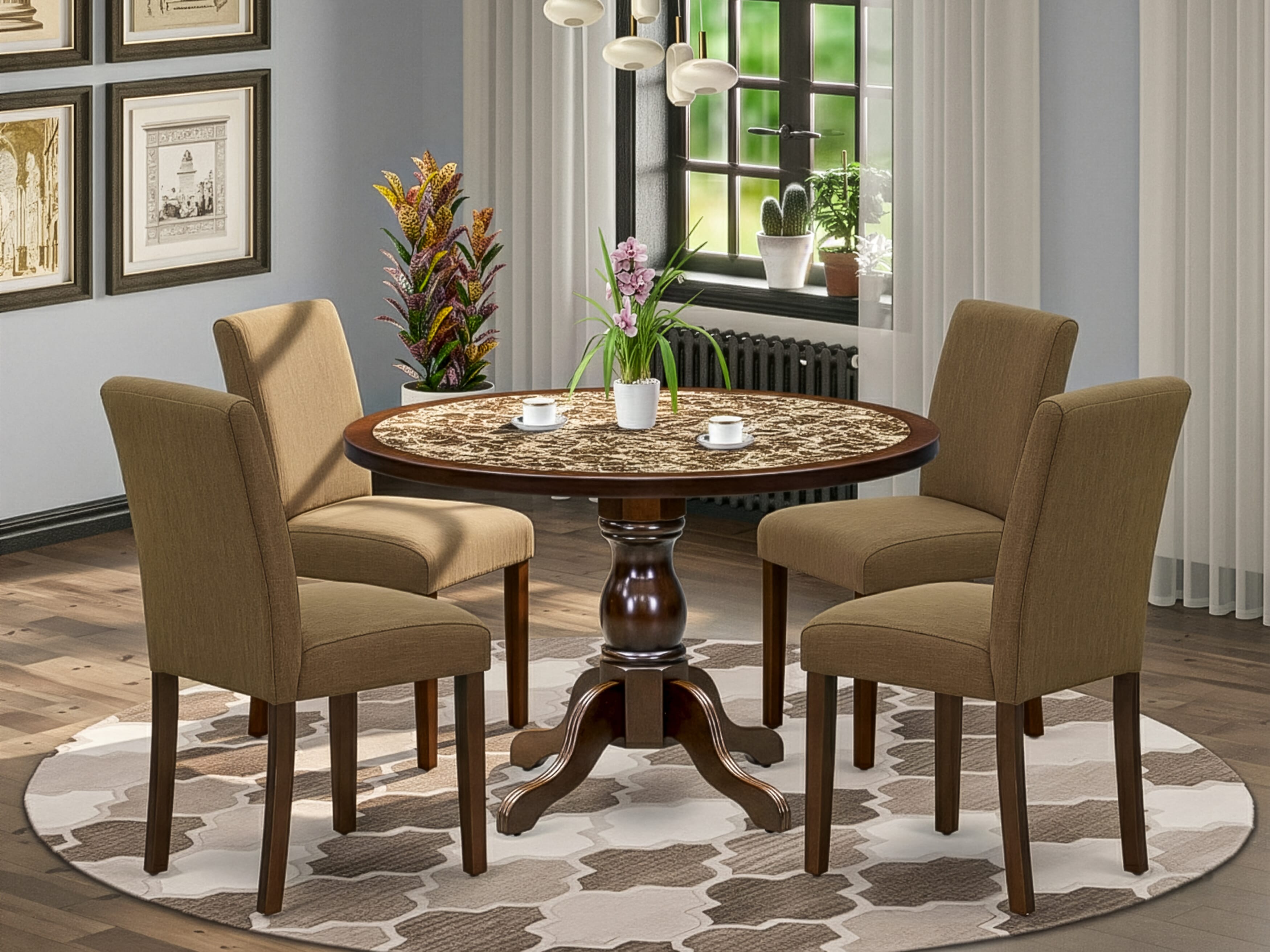 Luxe by East West Furniture 48AB5-312-18 5-Pc Dining Table Set Include a Dining Table with Rippled Sand Marble Pattern Tabletop and 4 Coffee Linen Fabric Chairs, Mahogany