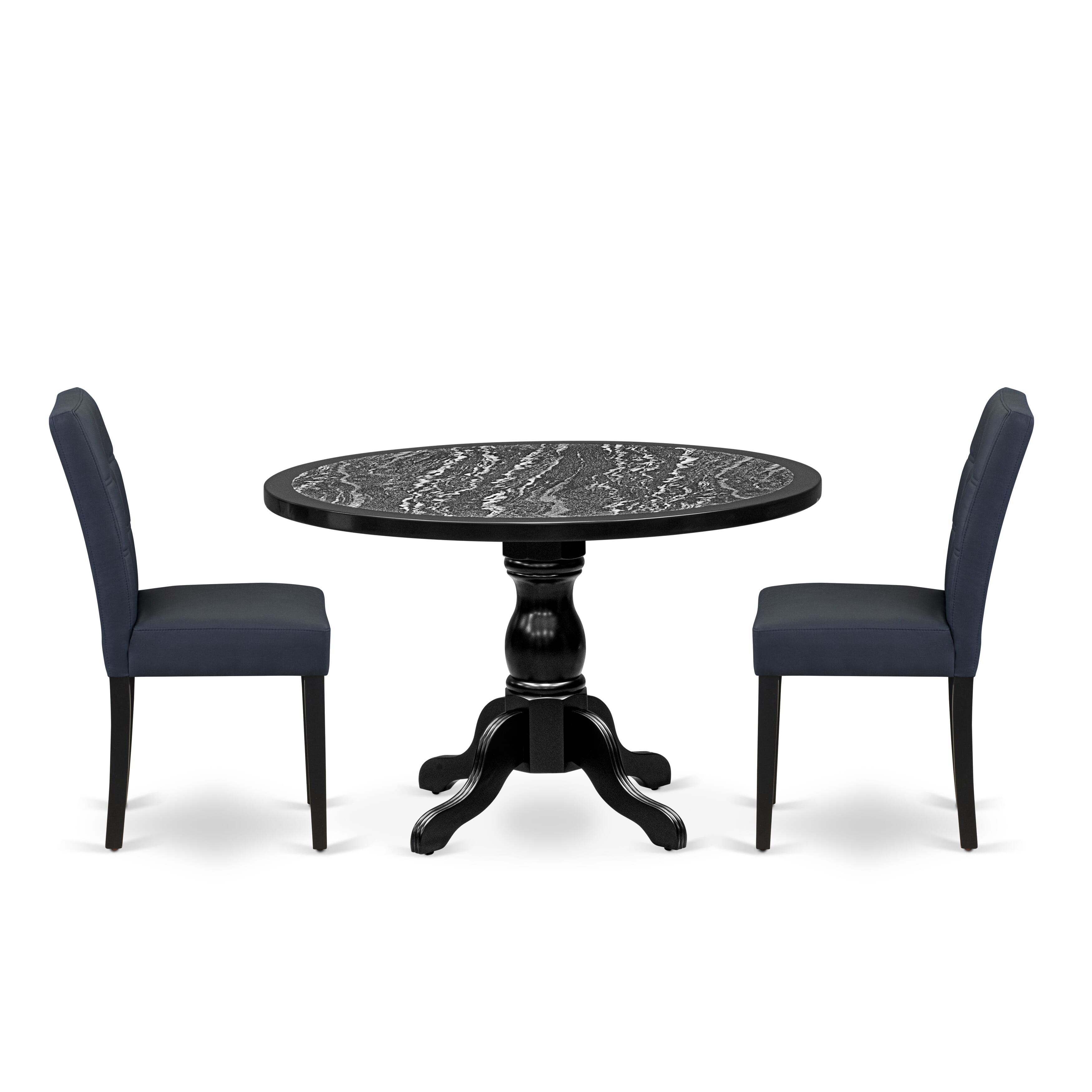 Luxe by East West Furniture 48AS3-109-09 3-Pc Dining Room Table Set Include a Table with Ebony Wave Marble Pattern Tabletop and 2 Dark Navy Blue Faux Leather Chairs, Black