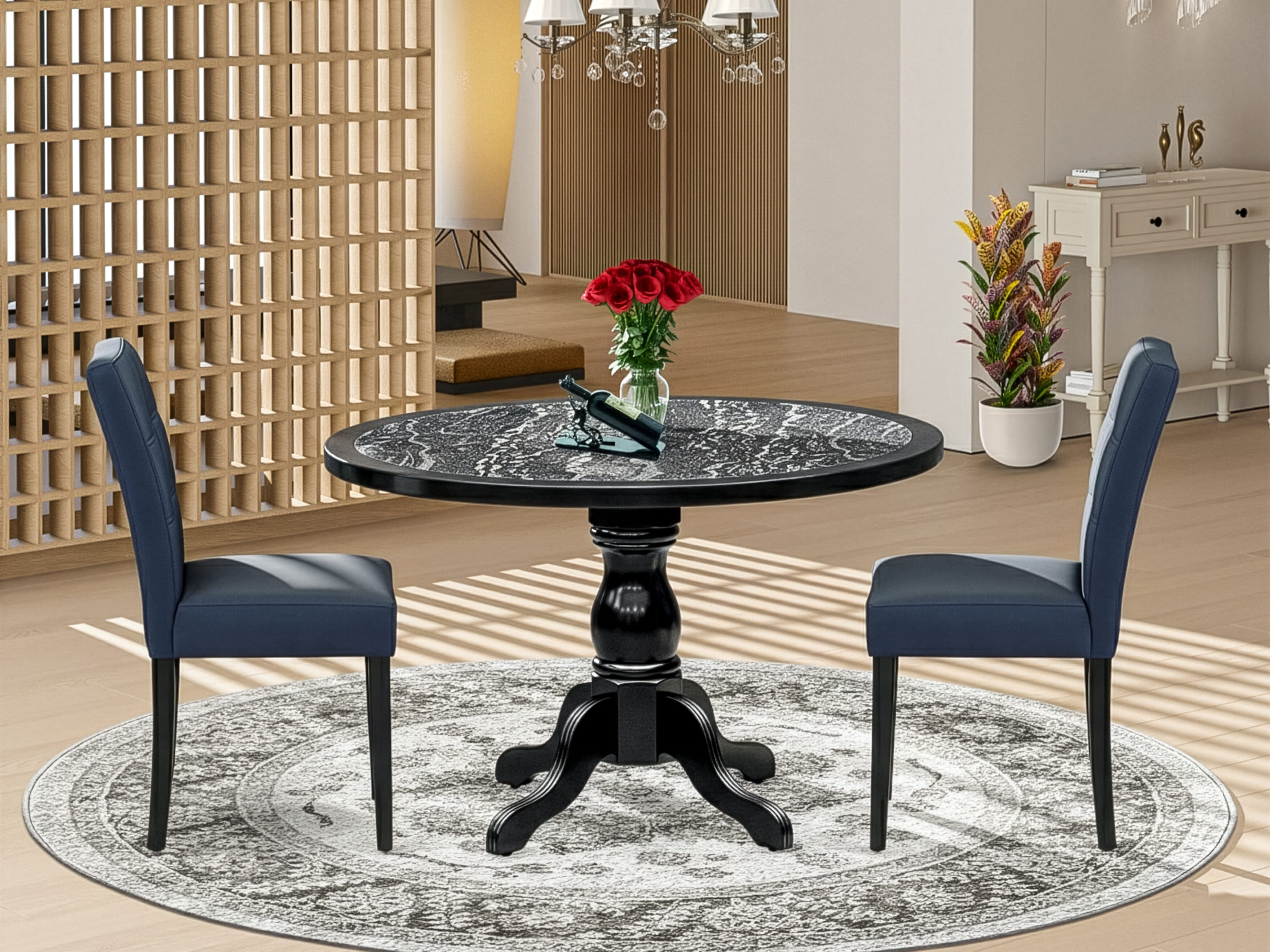 Luxe by East West Furniture 48AS3-109-09 3-Pc Dining Room Table Set Include a Table with Ebony Wave Marble Pattern Tabletop and 2 Dark Navy Blue Faux Leather Chairs, Black
