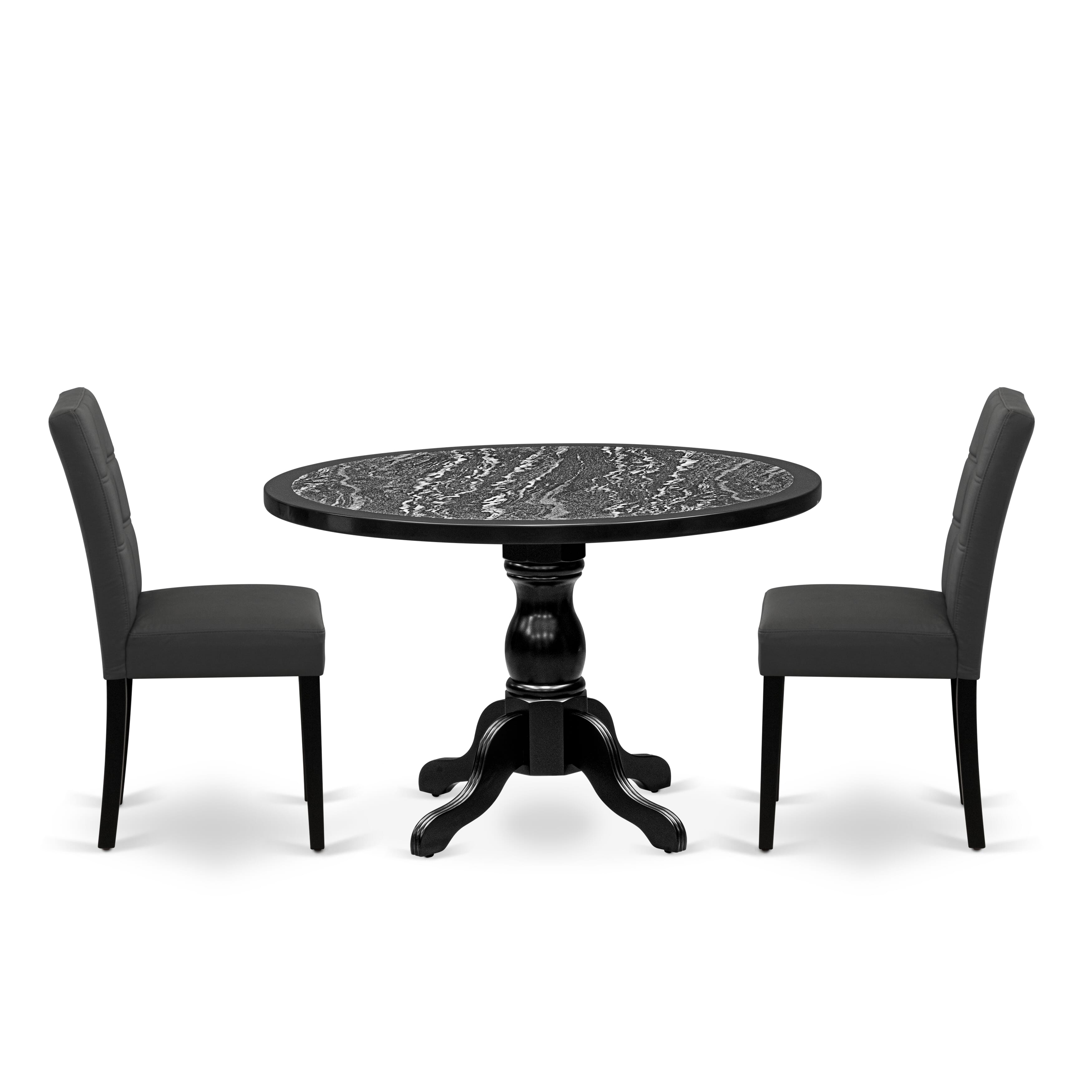 Luxe by East West Furniture 48AS3-109-12 3-Pc Modern Dining Table Set Include a Dining Table with Ebony Wave Marble Pattern Tabletop and 2 Dark Gray Faux Leather Chairs, Black