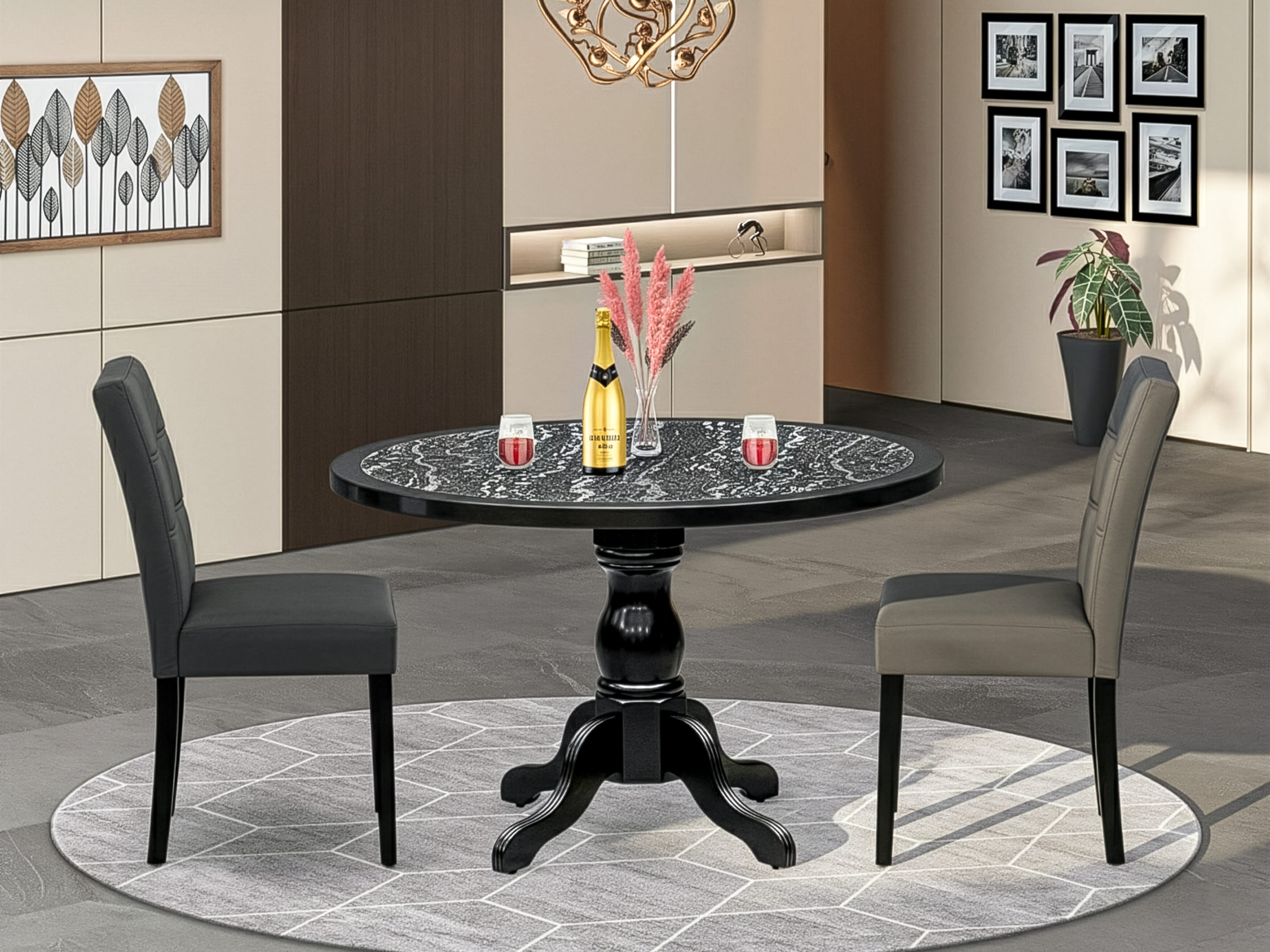 Luxe by East West Furniture 48AS3-109-12 3-Pc Modern Dining Table Set Include a Dining Table with Ebony Wave Marble Pattern Tabletop and 2 Dark Gray Faux Leather Chairs, Black