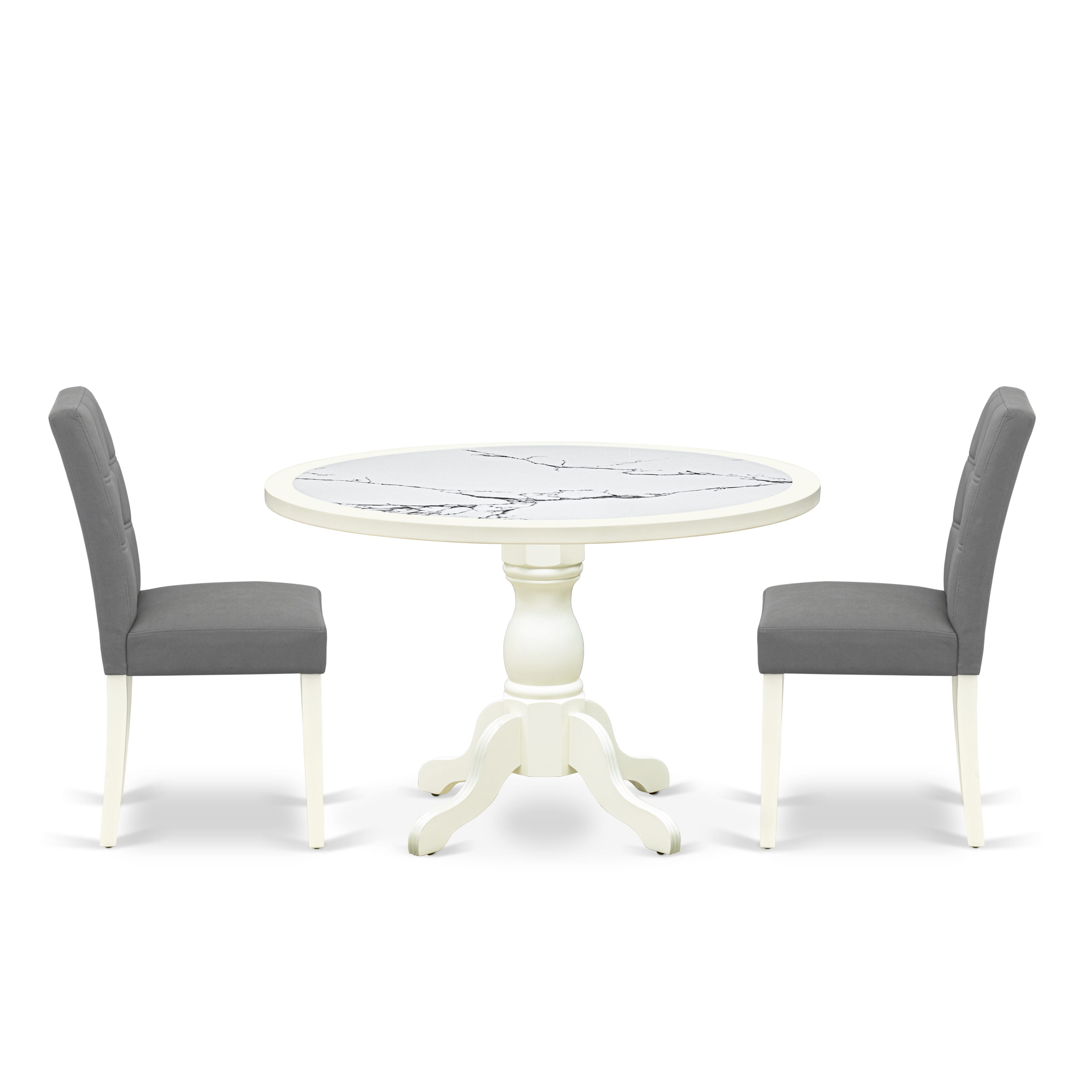 Luxe by East West Furniture 48AS3-204-41 3-piece kitchen table set Consists a round pedestal kitchen table and 2 Stylish Back Parsons chairs with Platinum Gray Faux Leather, Linen White finish.