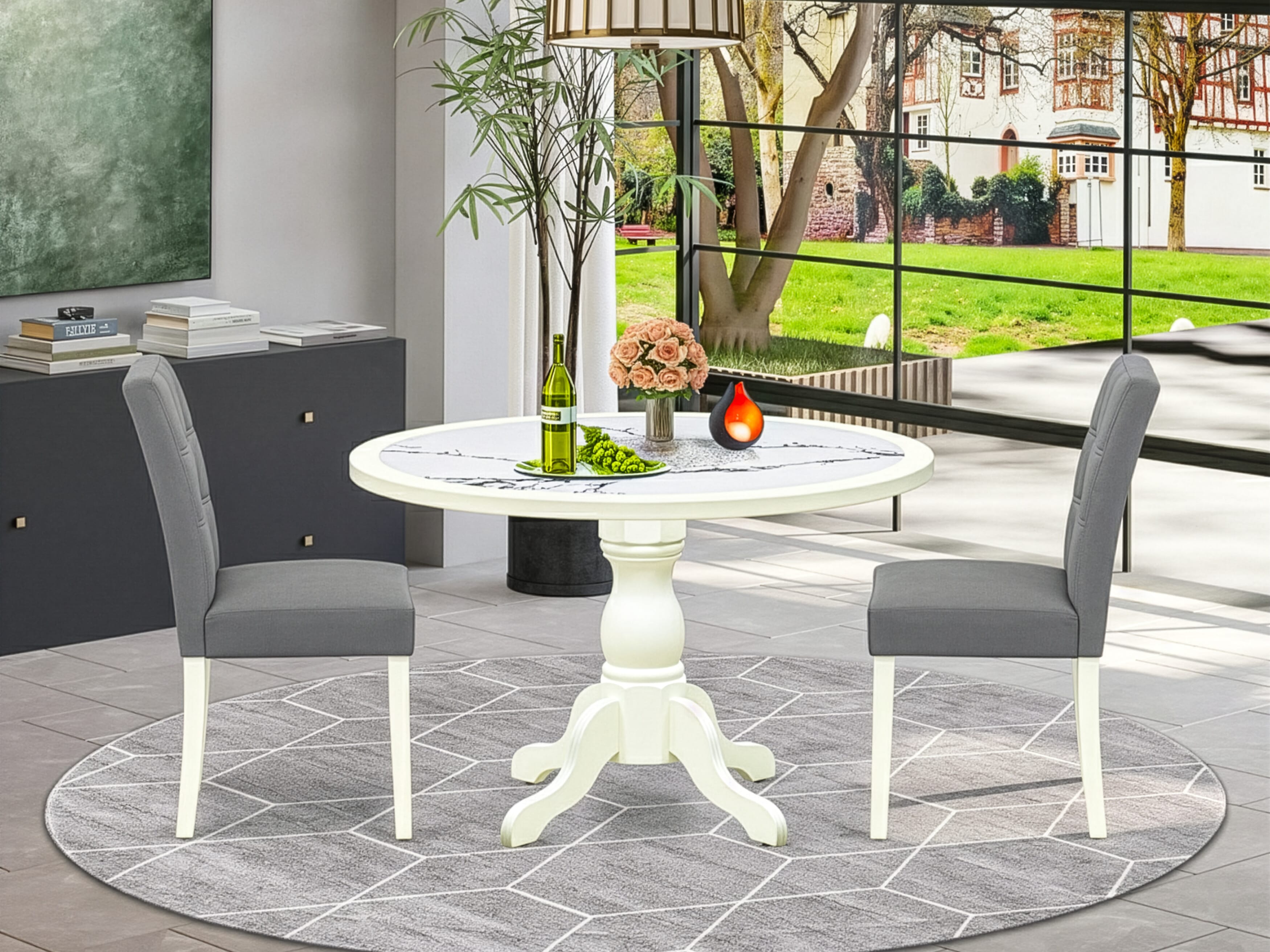 Luxe by East West Furniture 48AS3-204-41 3-piece kitchen table set Consists a round pedestal kitchen table and 2 Stylish Back Parsons chairs with Platinum Gray Faux Leather, Linen White finish.