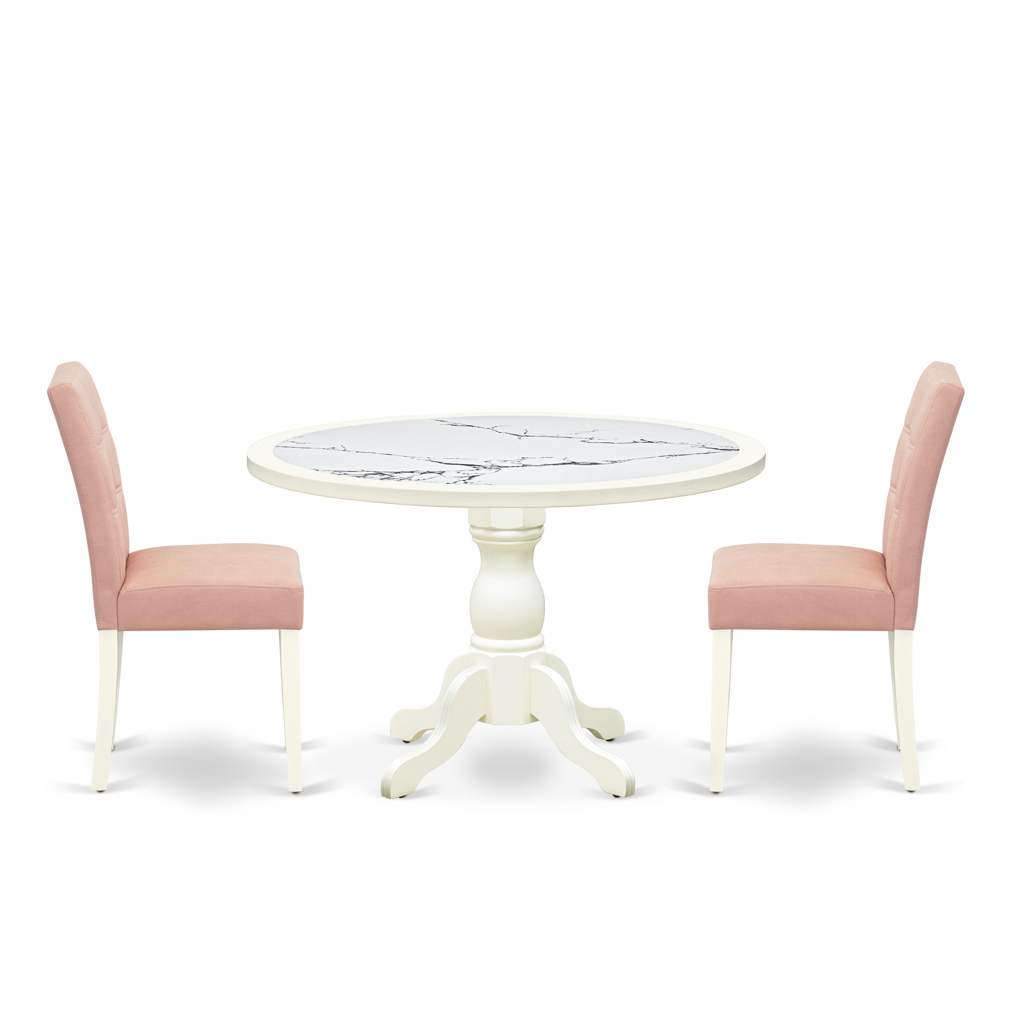 Luxe by East West Furniture 48AS3-204-42 3-Piece Dining Set Consists a round pedestal table and 2 Stylish Back Parsons chairs with Light Beige Faux Leather, Linen White finish.