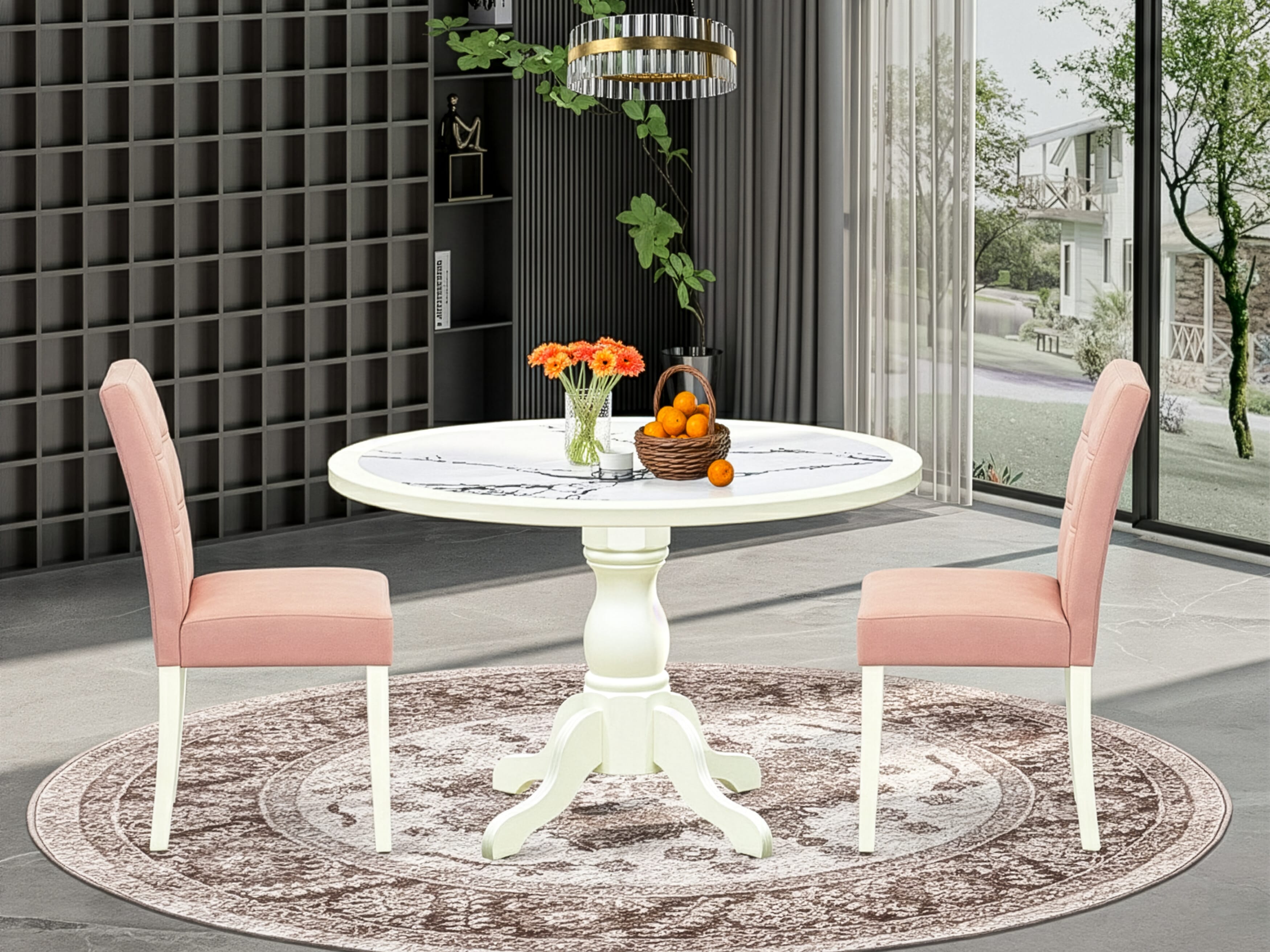 Luxe by East West Furniture 48AS3-204-42 3-Piece Dining Set Consists a round pedestal table and 2 Stylish Back Parsons chairs with Light Beige Faux Leather, Linen White finish.