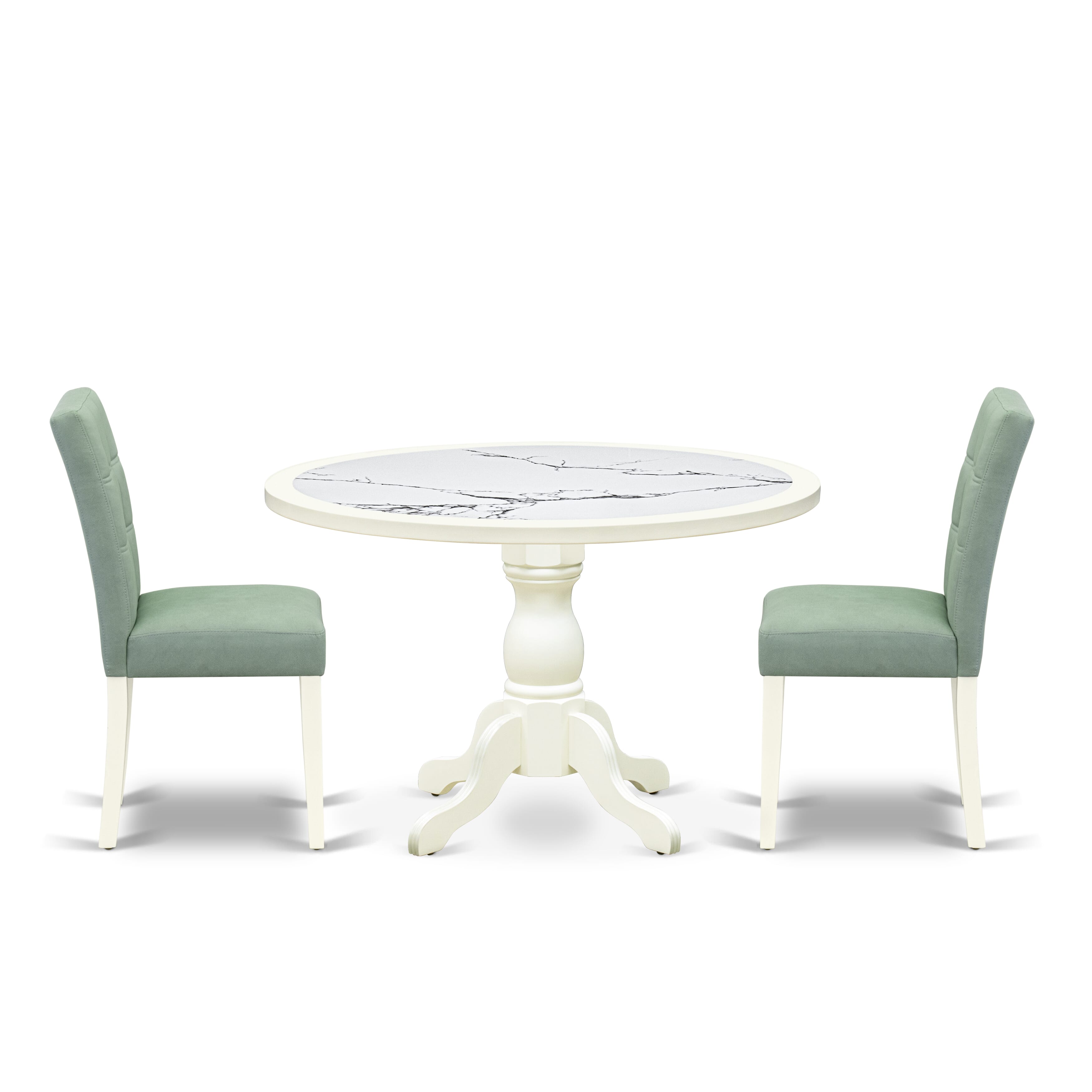 Luxe by East West Furniture 48AS3-204-43 3-Pc Dining Room Table Set Include a Table with Veined Marble Pattern Tabletop and 2 Willow Green Faux Leather Chairs, Linen white