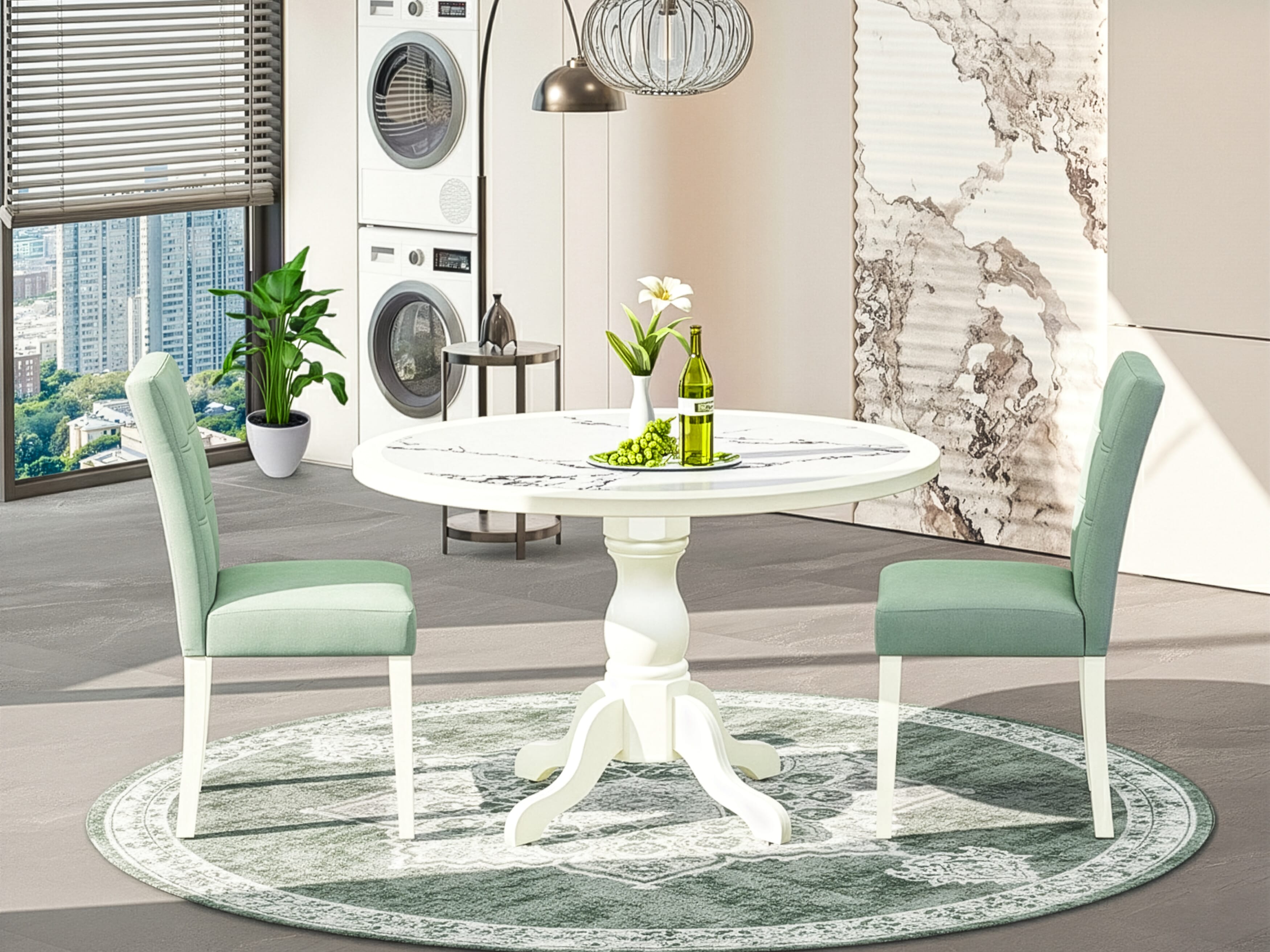 Luxe by East West Furniture 48AS3-204-43 3-Pc Dining Room Table Set Include a Table with Veined Marble Pattern Tabletop and 2 Willow Green Faux Leather Chairs, Linen white