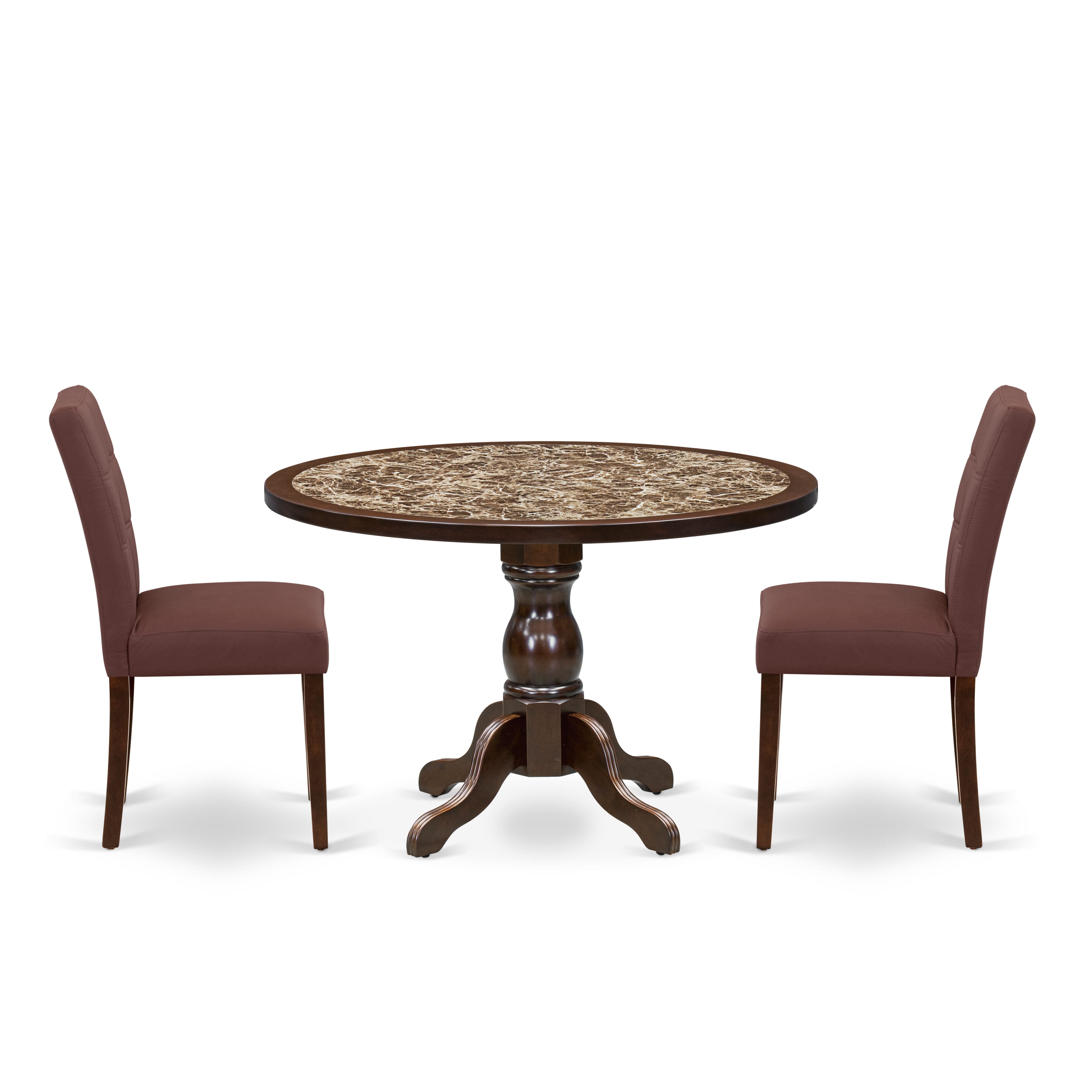 Luxe by East West Furniture 48AS3-312-26 3-Pc Modern Dining Table Set Include a Table with Rippled Sand Marble Pattern Tabletop and 2 Burgundy Faux Leather Chairs, Mahogany