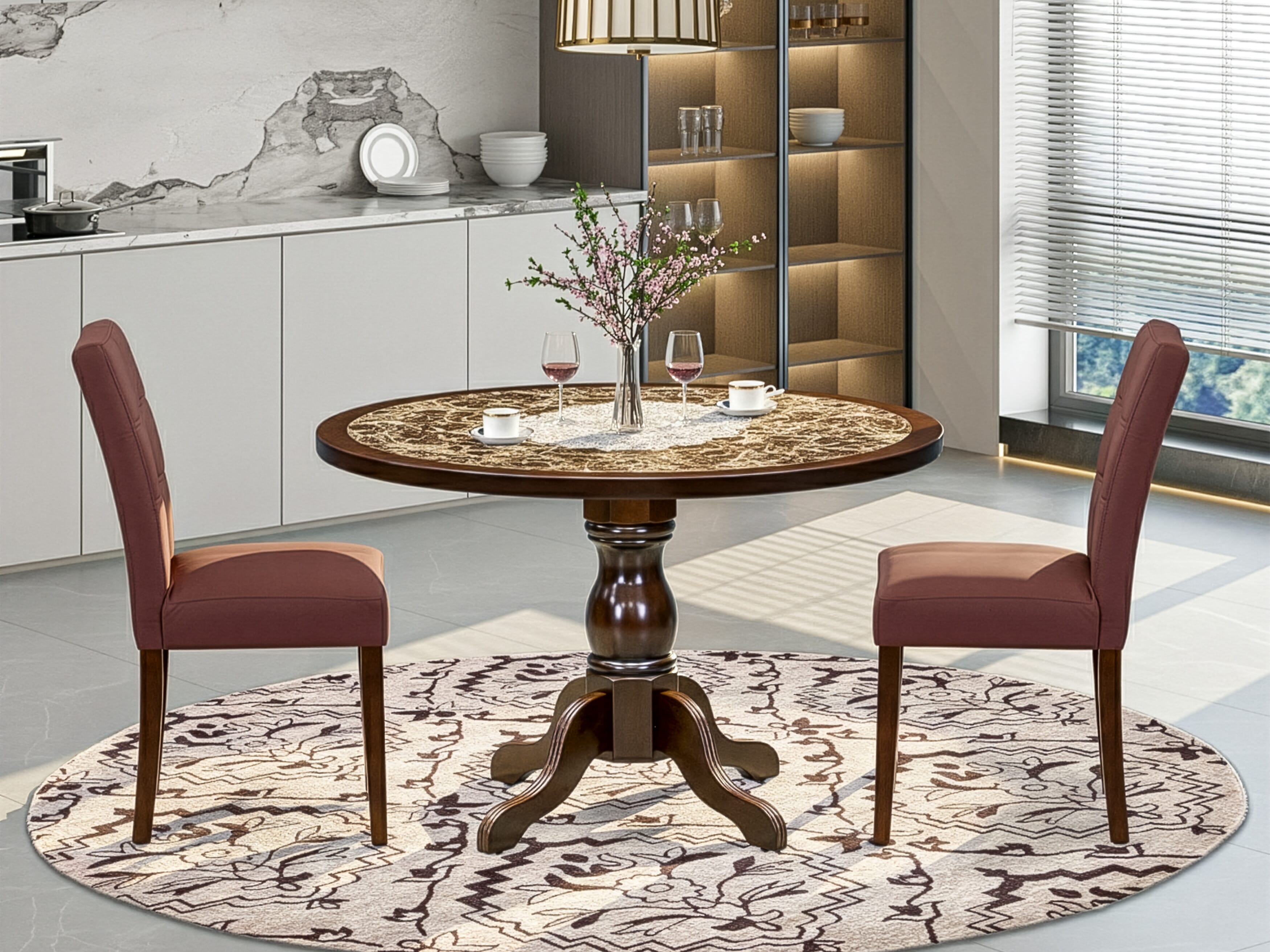 Luxe by East West Furniture 48AS3-312-26 3-Pc Modern Dining Table Set Include a Table with Rippled Sand Marble Pattern Tabletop and 2 Burgundy Faux Leather Chairs, Mahogany