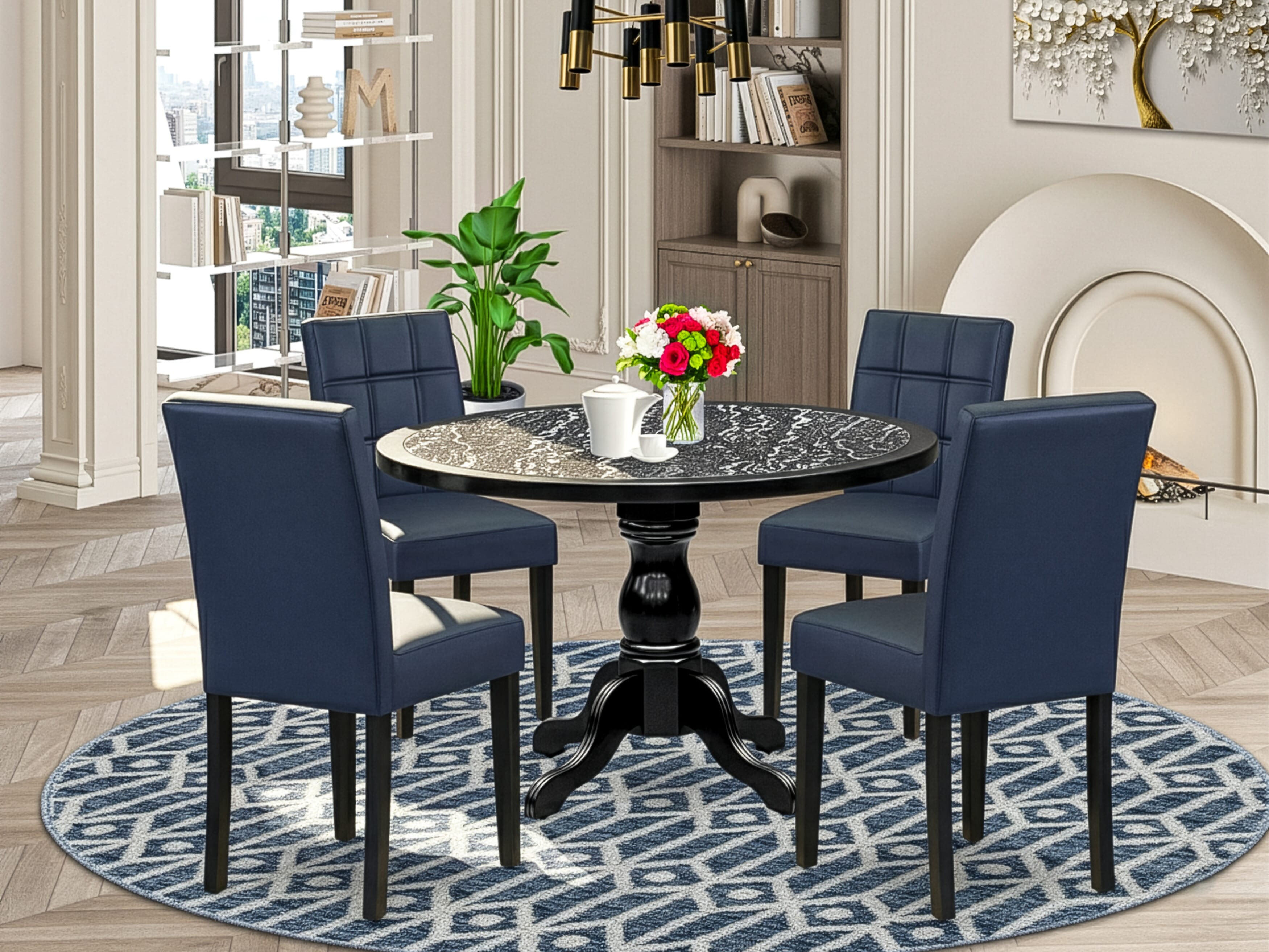 Luxe by East West Furniture 48AS5-109-09 5-Pc Dining Table Set Include a Dining Table with Ebony Wave Marble Pattern Tabletop and 4 Dark Navy Blue Faux Leather Chairs, Black