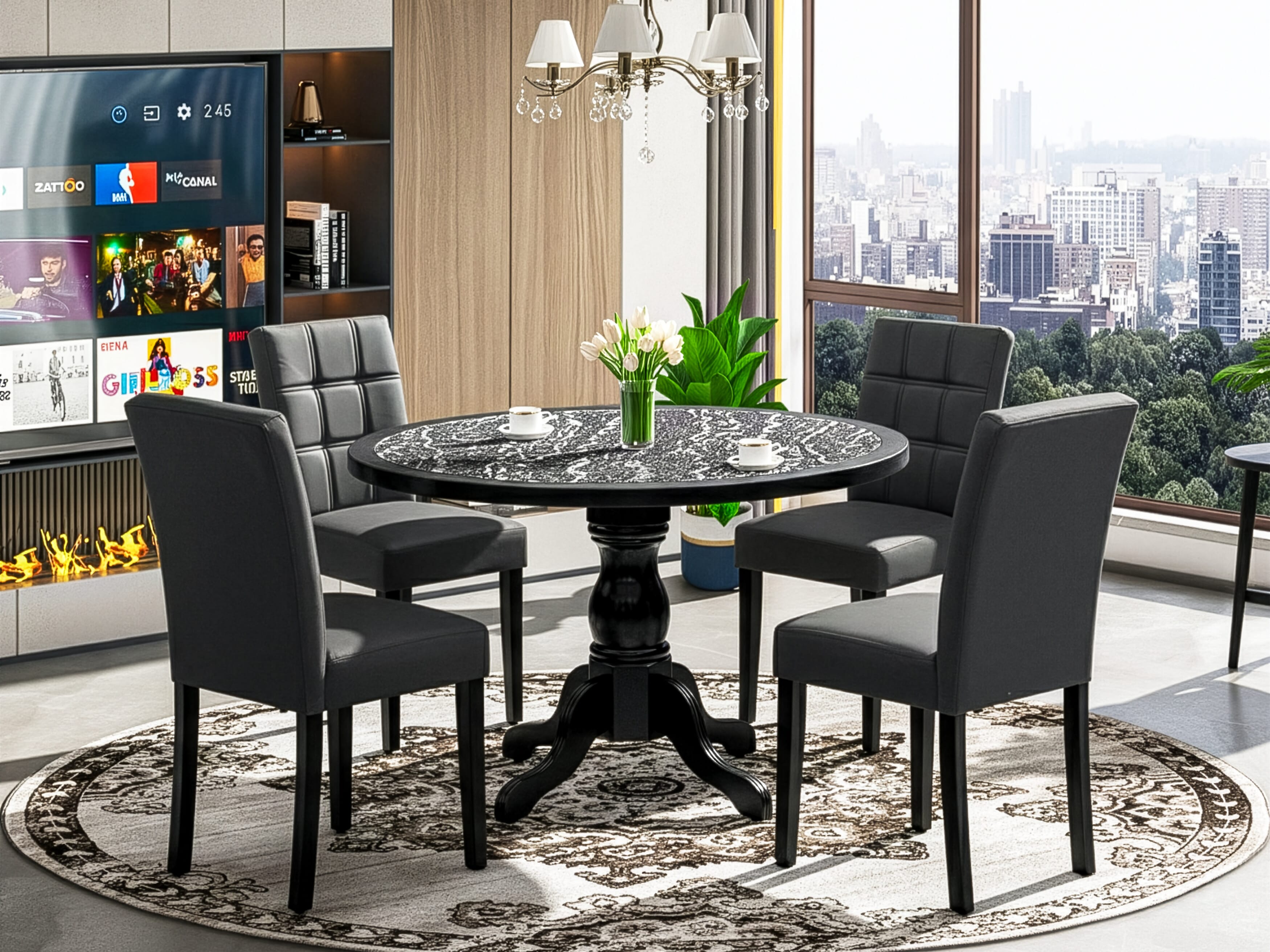 Luxe by East West Furniture 48AS5-109-12 5-Pc Modern Dining Set Include a Dining Table with Ebony Wave Marble Pattern Tabletop and 4 Dark Gray Faux Leather Chairs, Black