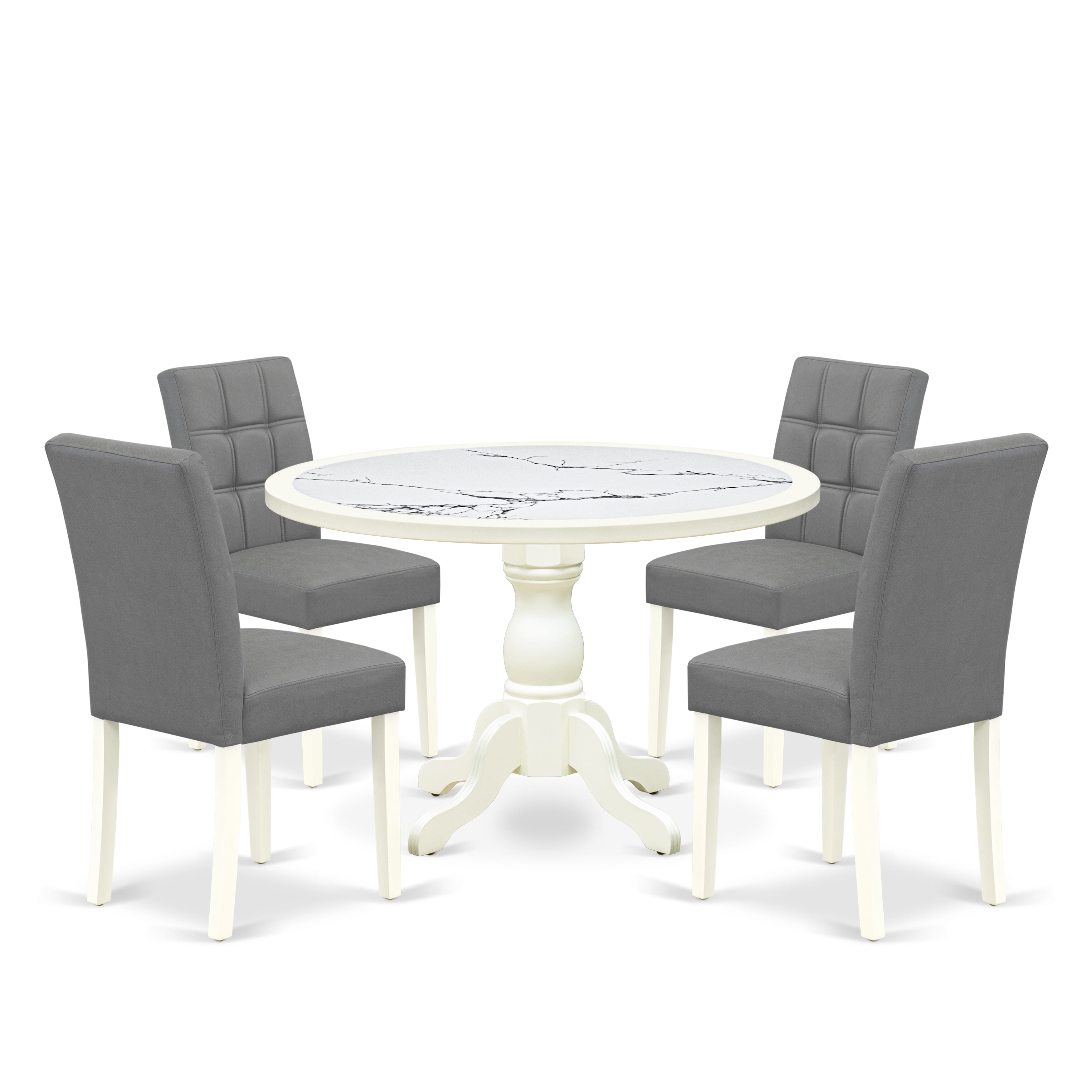 Luxe by East West Furniture 48AS5-204-41 5-piece dining room set includes a pedestal dinner table and 4 Stylish Back Parsons chairs with Platinum Gray Faux Leather, Linen White finish.