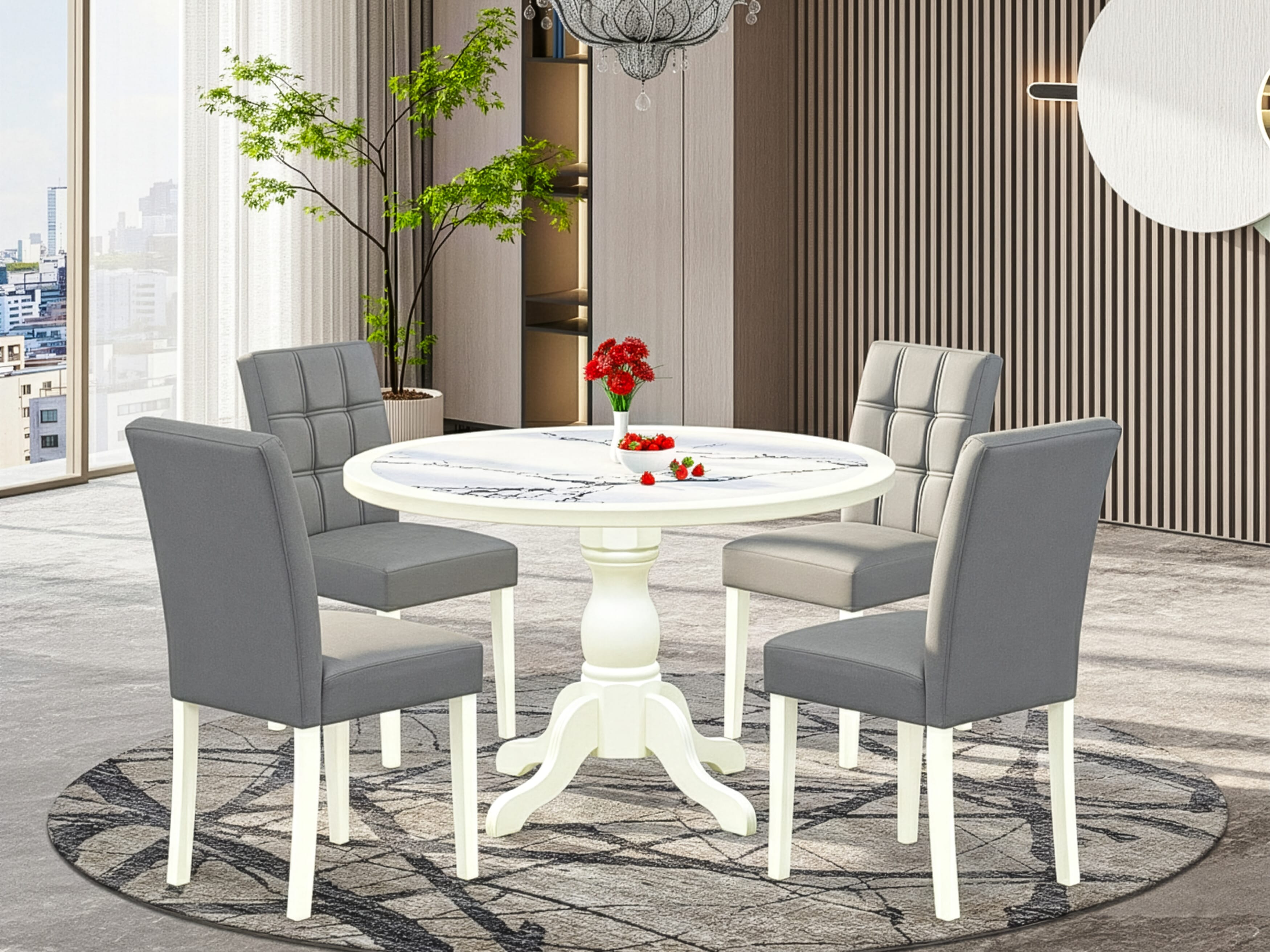 Luxe by East West Furniture 48AS5-204-41 5-piece dining room set includes a pedestal dinner table and 4 Stylish Back Parsons chairs with Platinum Gray Faux Leather, Linen White finish.
