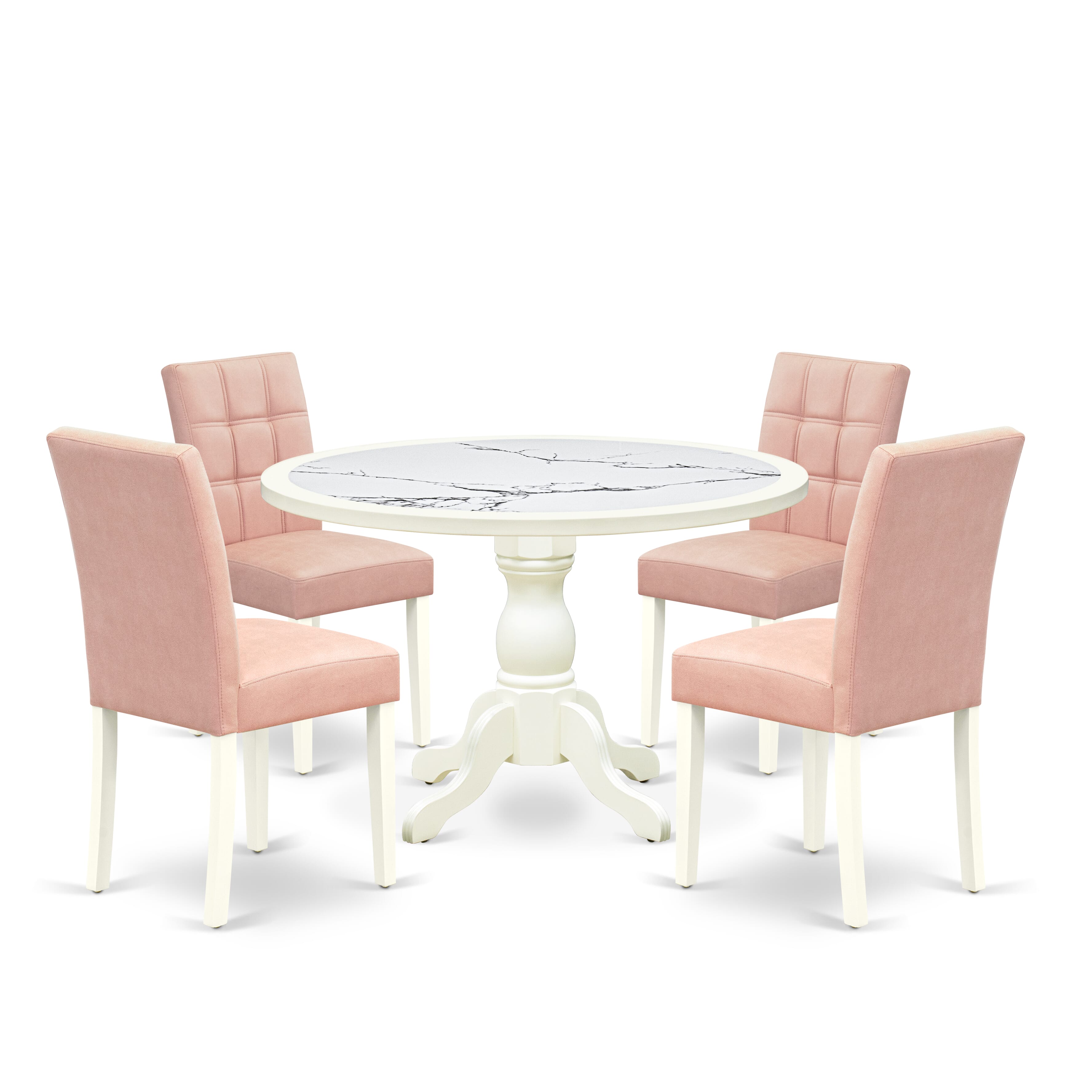 Luxe by East West Furniture 48AS5-204-42 5-Piece modern dining set includes a round pedestal breakfast table and 4 Stylish Back Parsons chairs with Light Beige Faux Leather, Linen White finish.