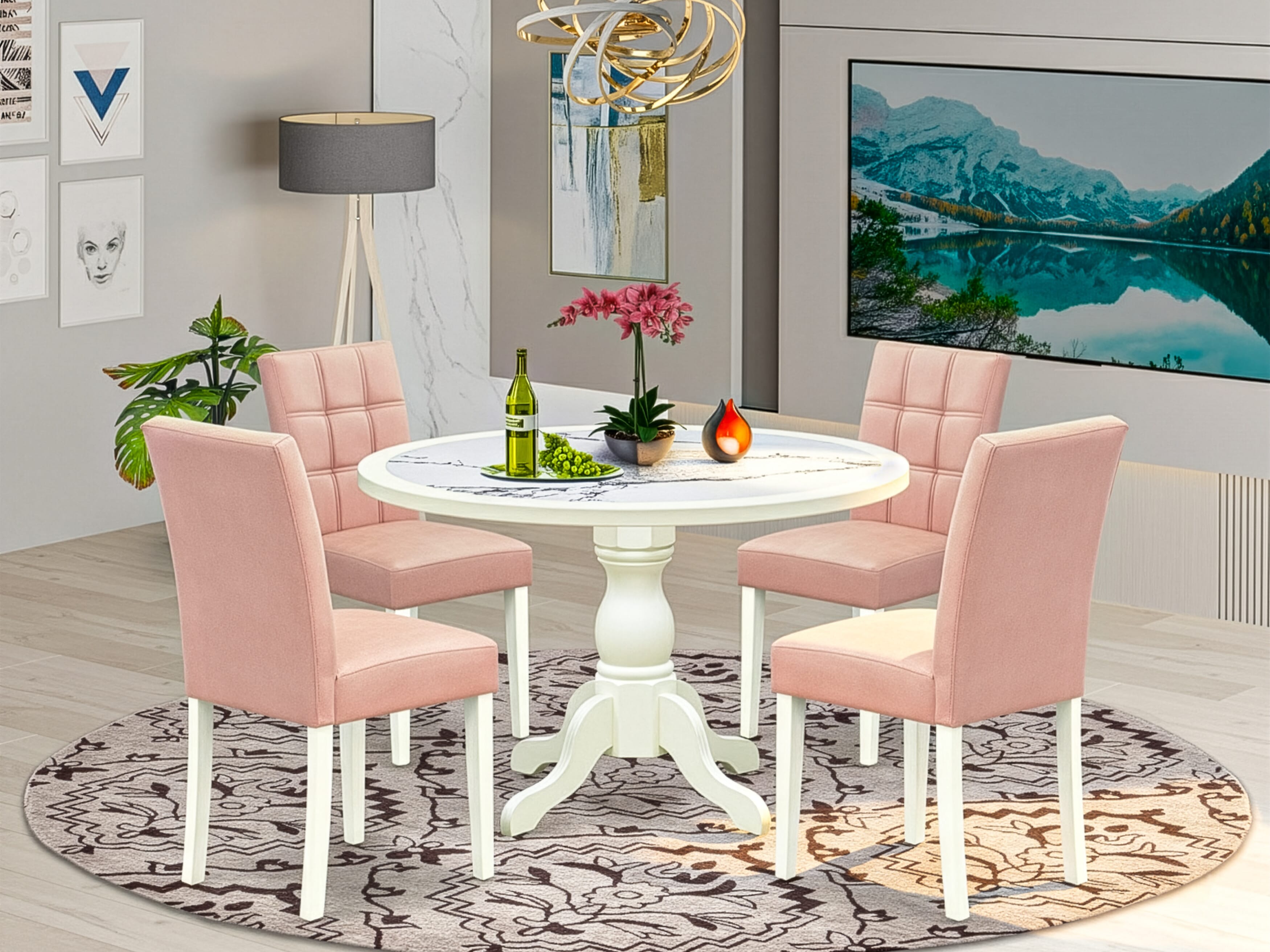 Luxe by East West Furniture 48AS5-204-42 5-Piece modern dining set includes a round pedestal breakfast table and 4 Stylish Back Parsons chairs with Light Beige Faux Leather, Linen White finish.